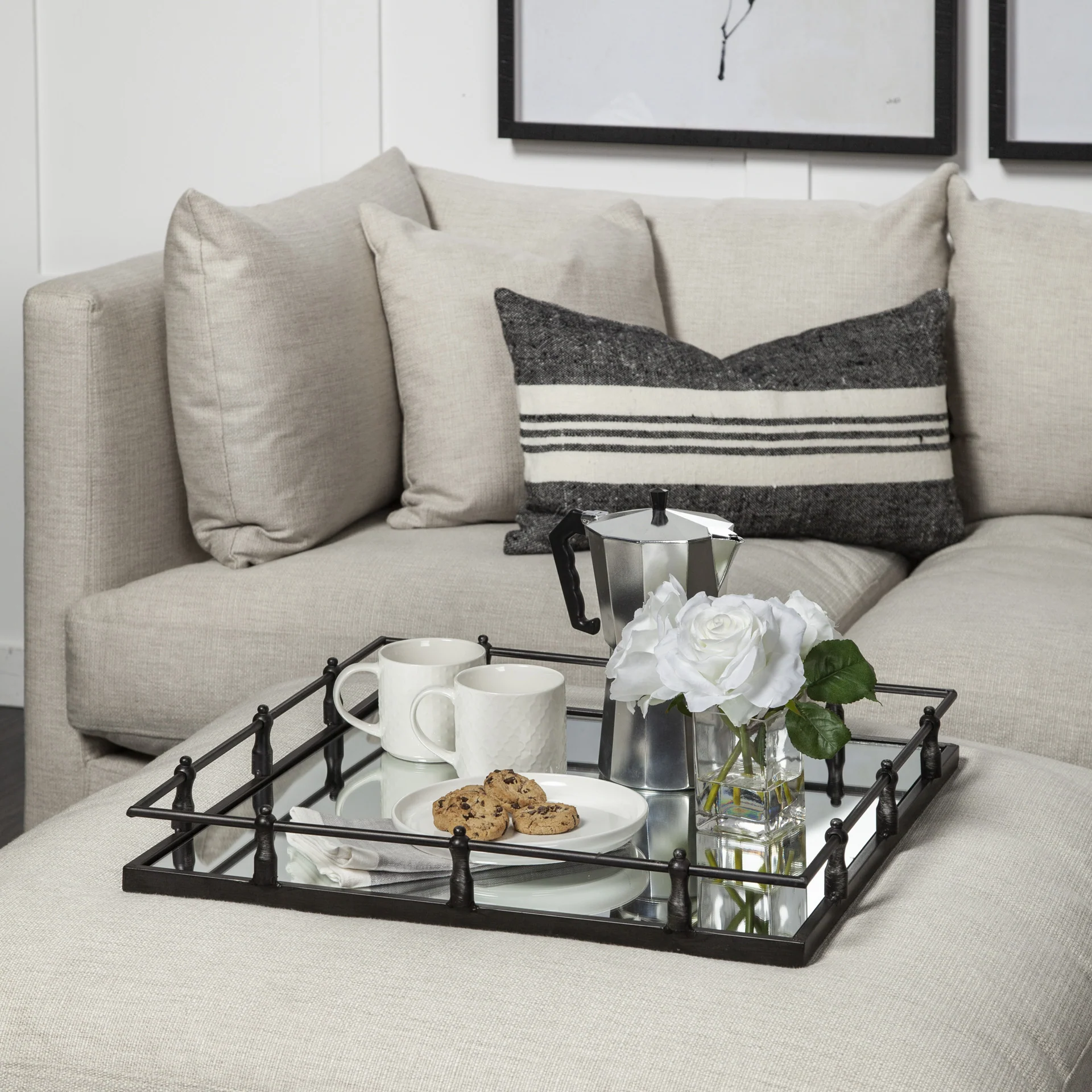 Natural Finish Metal With Mirrored Glass Bottom And Railing Handle Tray By Homeroots - Image 6