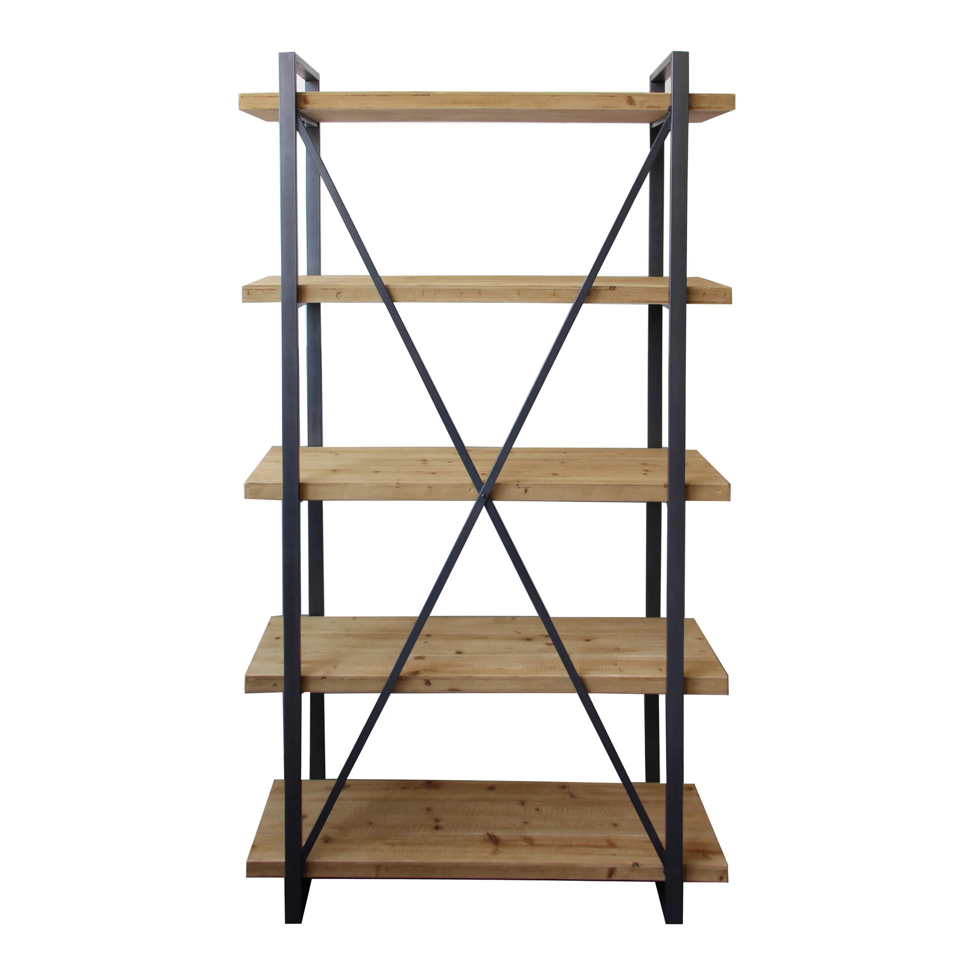 Natural Metal and Wood Five Tier Bookcase By Homeroots - Image 2