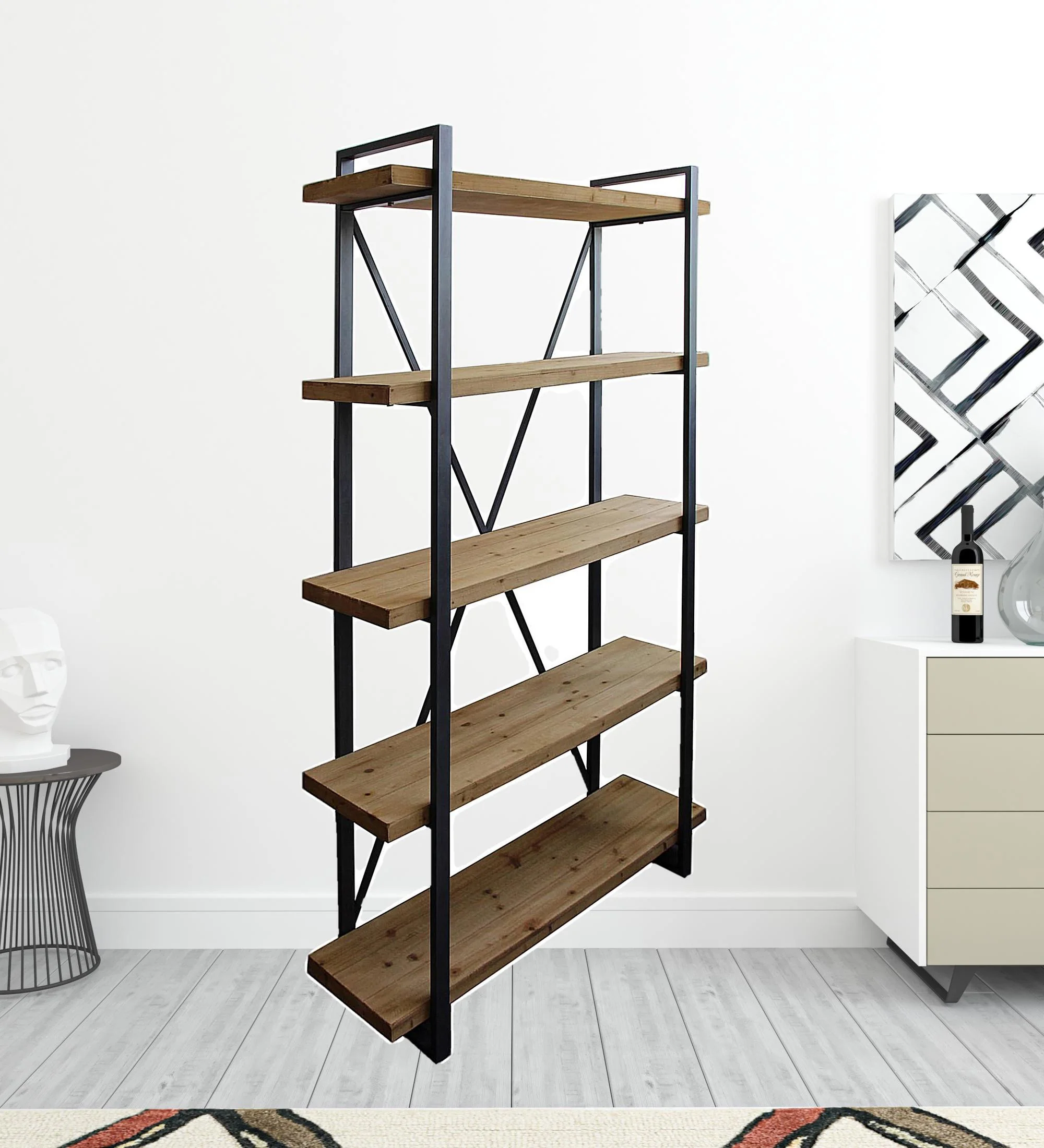 Natural Metal and Wood Five Tier Bookcase By Homeroots - Image 3