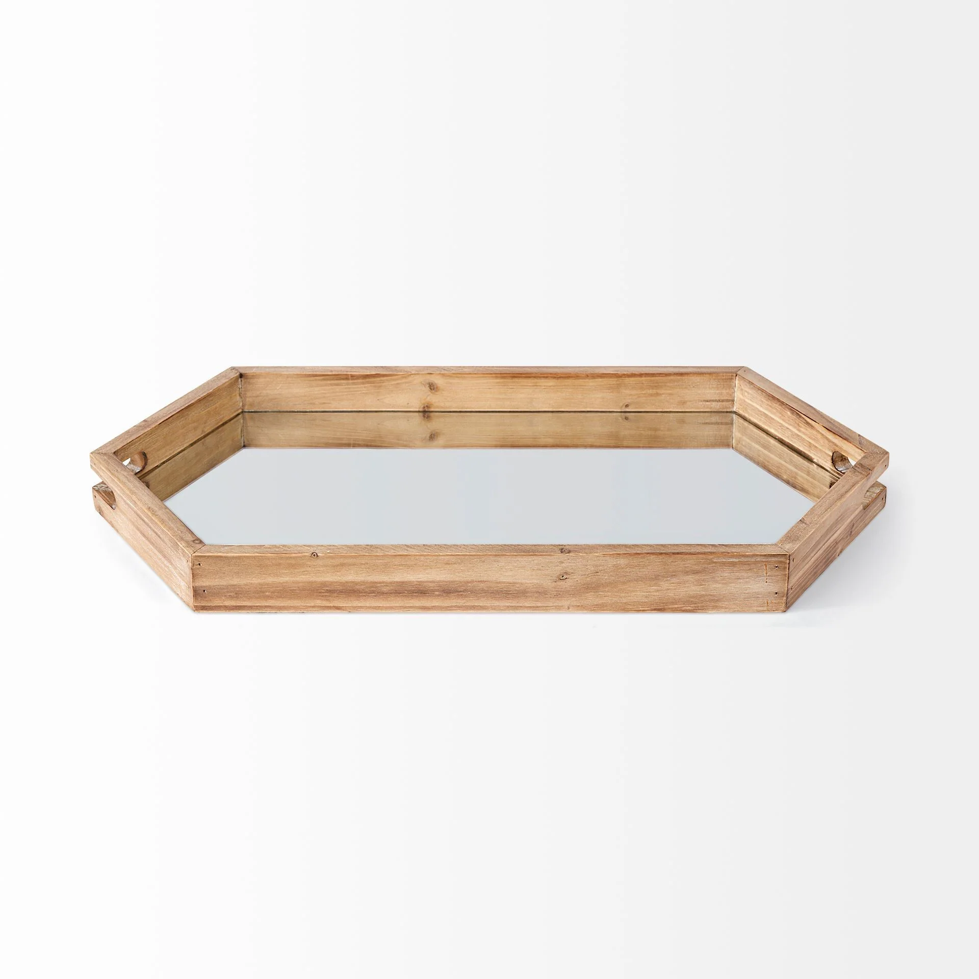 Natural Polished Wood Mirror Glass Lined Top Tray By Homeroots - Image 2