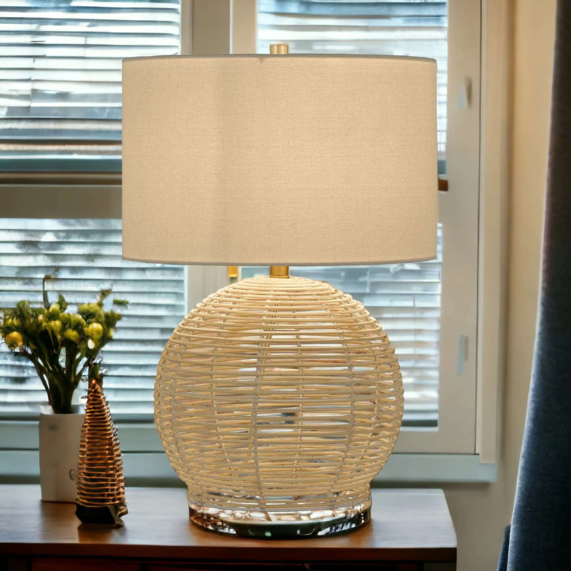 Natural Rattan Table Lamp With White Drum Shade By Homeroots - Image 3