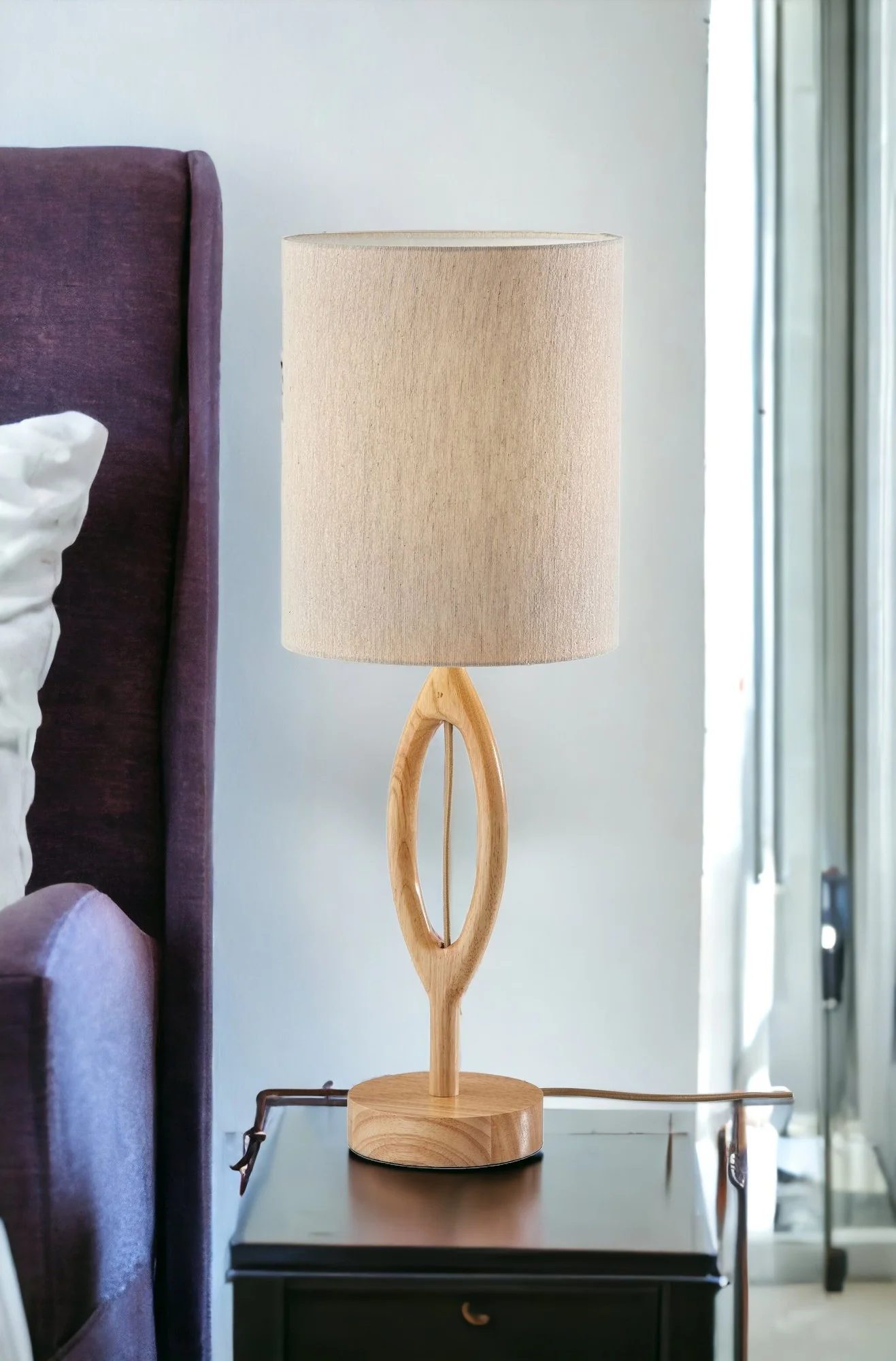 Natural Solid Wood Round Table Lamp With Beige Drum Shade By Homeroots - Image 2