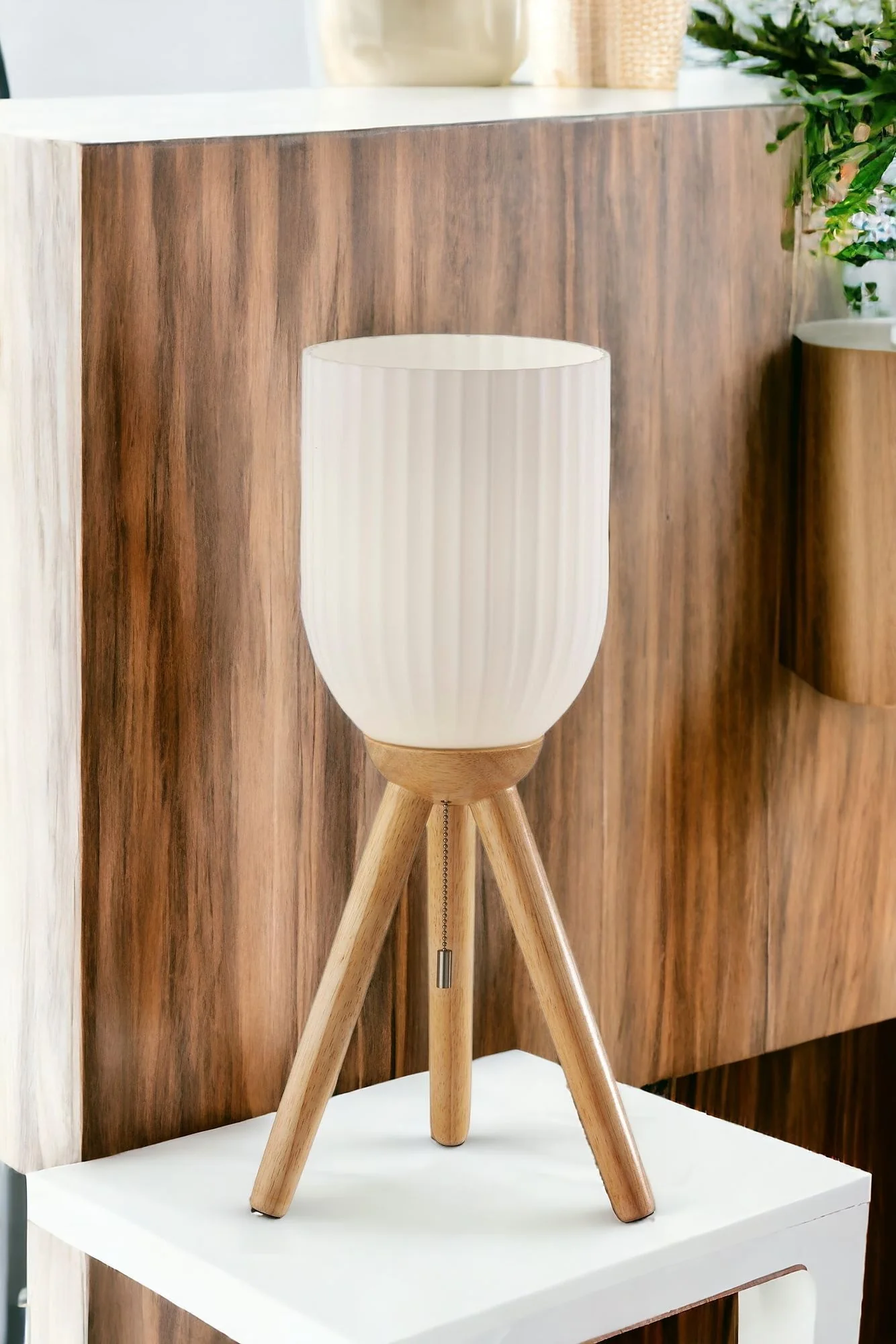 Natural Solid Wood Tripod Table Lamp With White Ribbed Glass Shade By Homeroots - Image 2