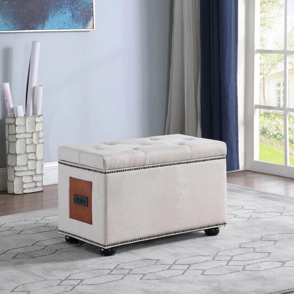 Natural Tufted Storage Ottoman with Charging Station By Homeroots - Image 5