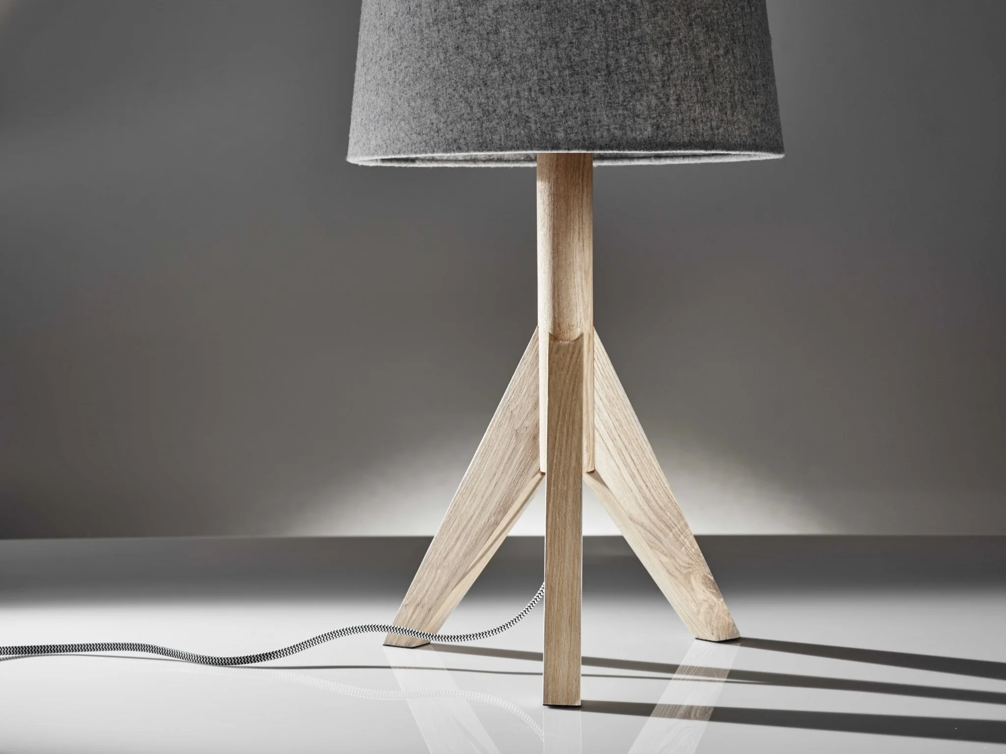 Natural Wood Tripod Base with Grey Felt Tapered Drum Shade Table Lamp By Homeroots - Image 3