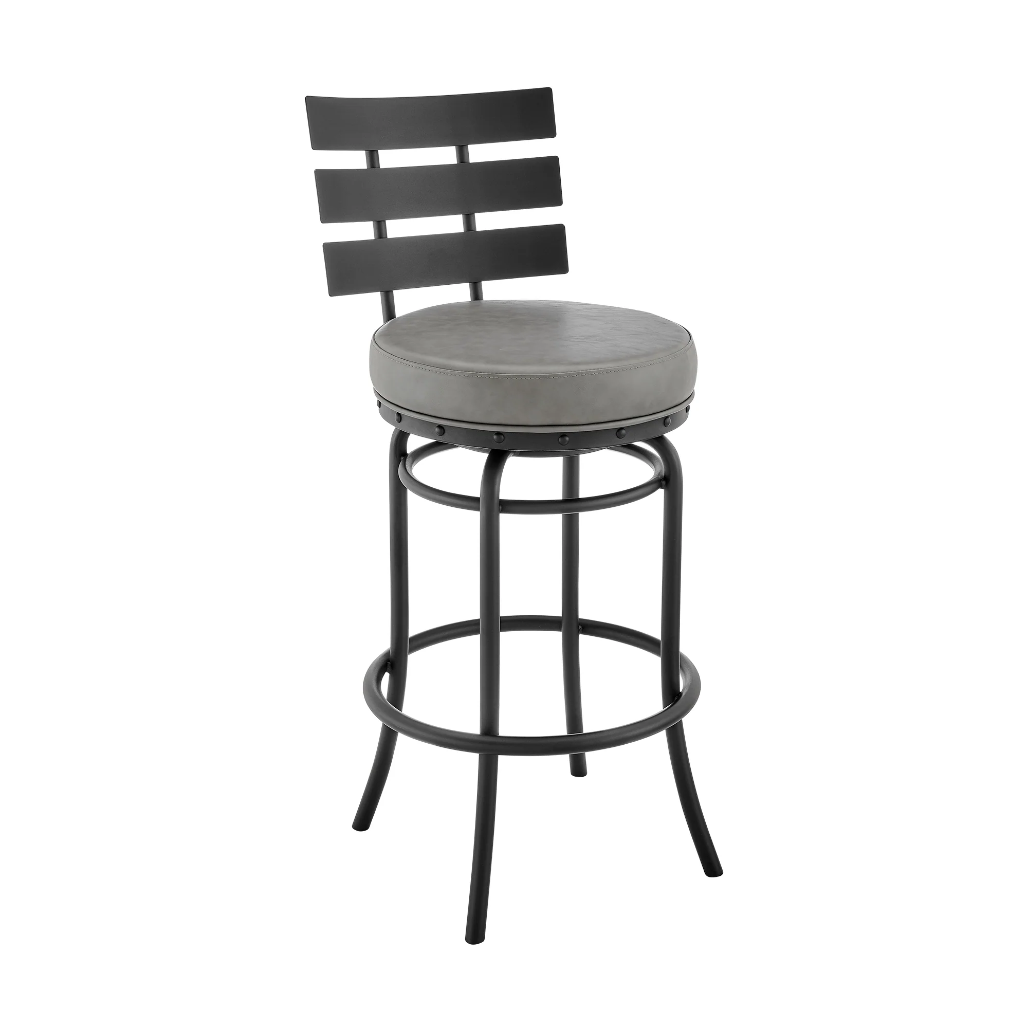 Natya Swivel Counter or Bar Stool in Black Finish with Grey Faux Leather By Armen Living - Image 2