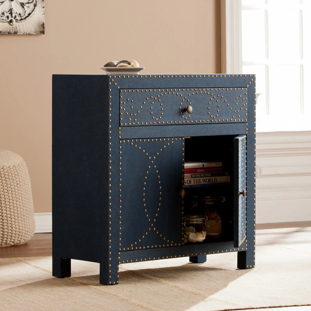 Navy And Brass Nailhead Accent Storage Cabinet By Homeroots - Image 2