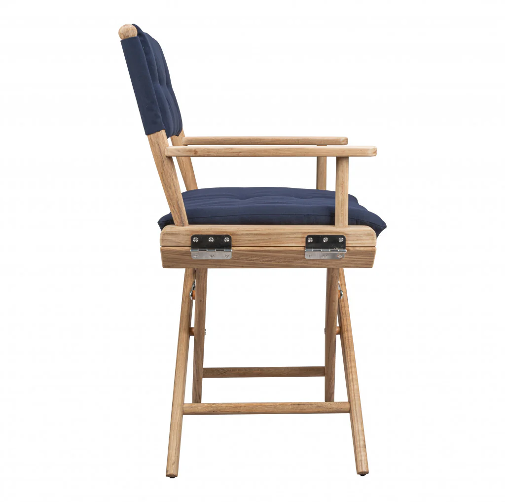 Navy Blue And Brown Solid Wood Director Chair With Navy Blue Cushion By Homeroots - Image 2