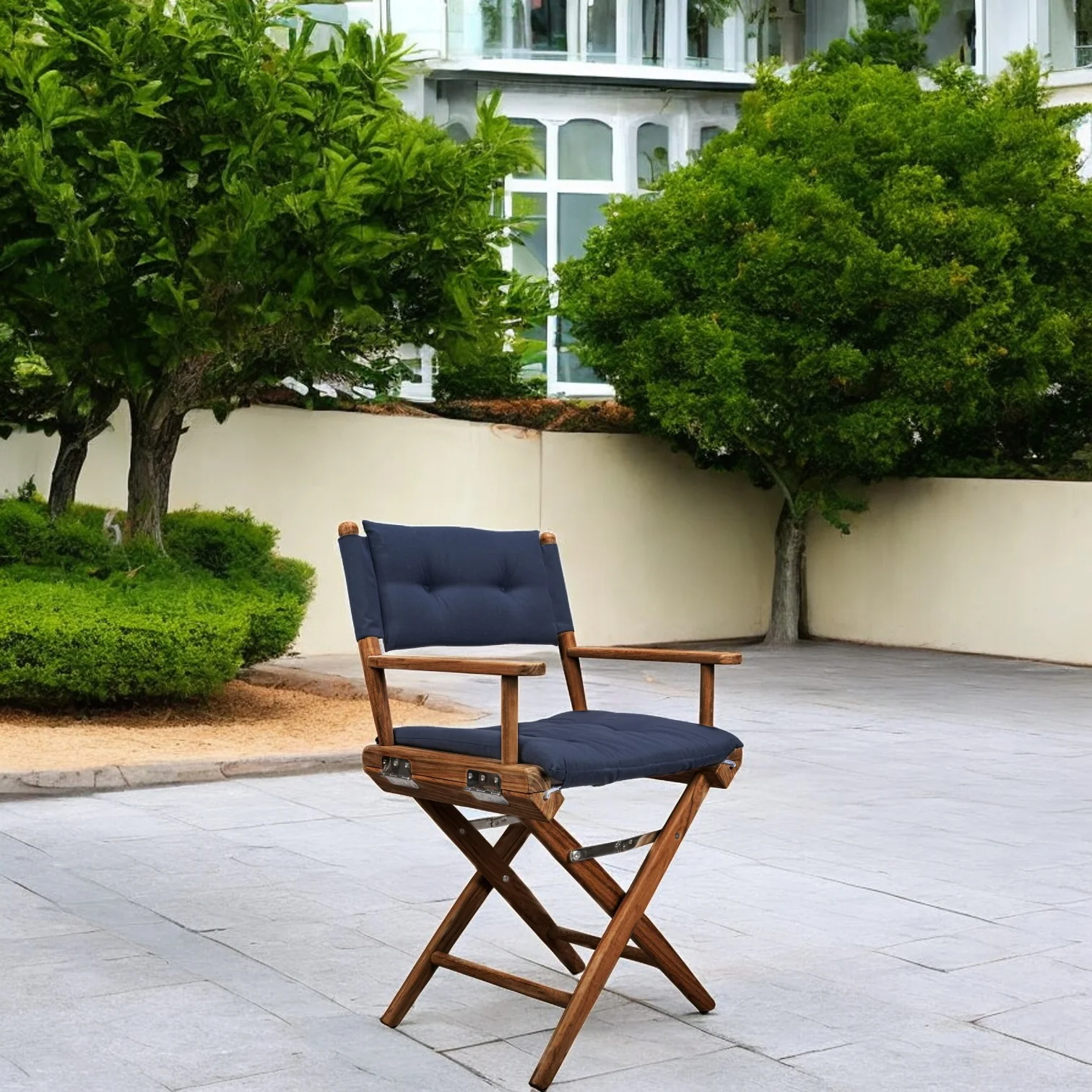 Navy Blue and Brown Solid Wood Indoor Outdoor Director Chair with Navy Blue Cushion By Homeroots - Image 2