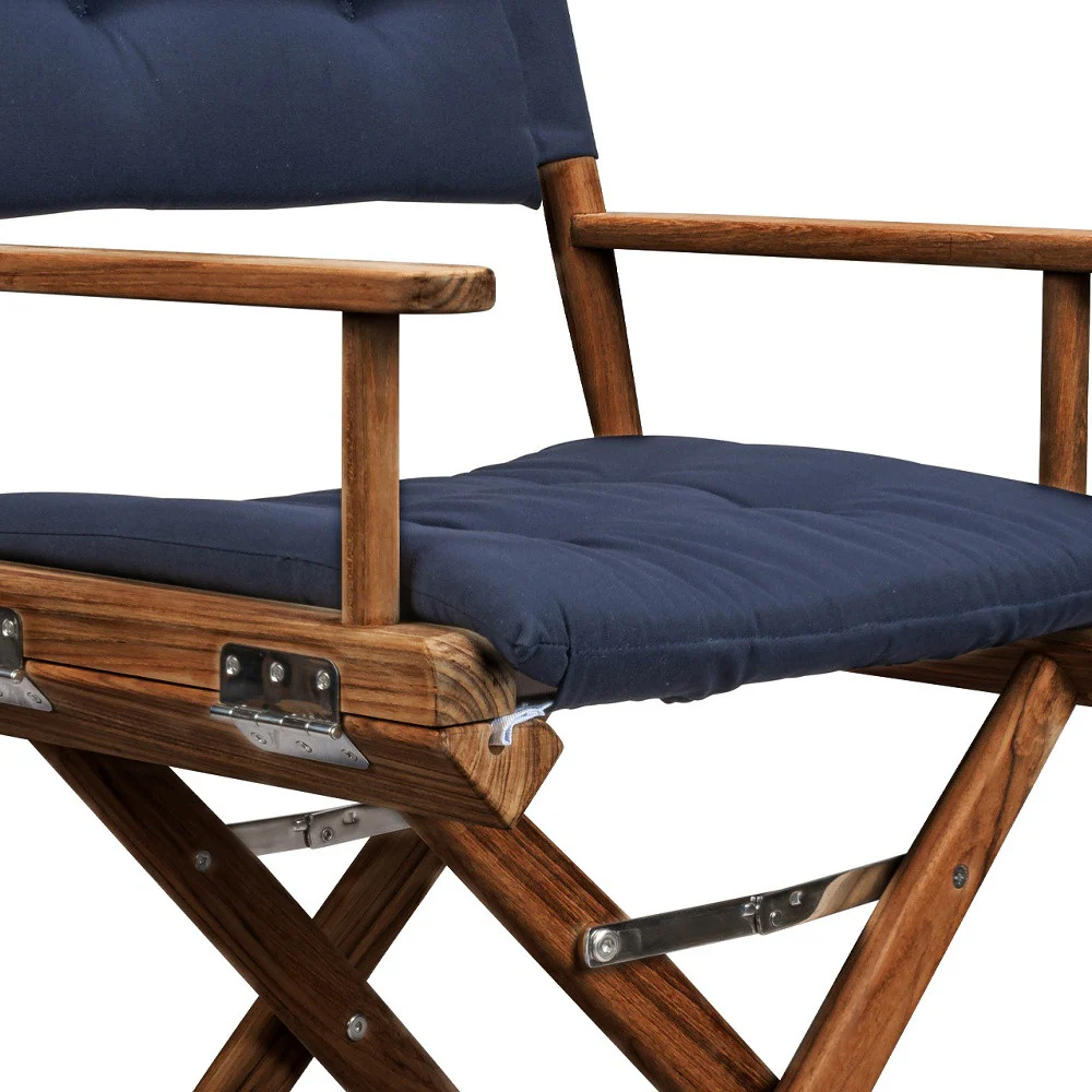 Navy Blue and Brown Solid Wood Indoor Outdoor Director Chair with Navy Blue Cushion By Homeroots - Image 4
