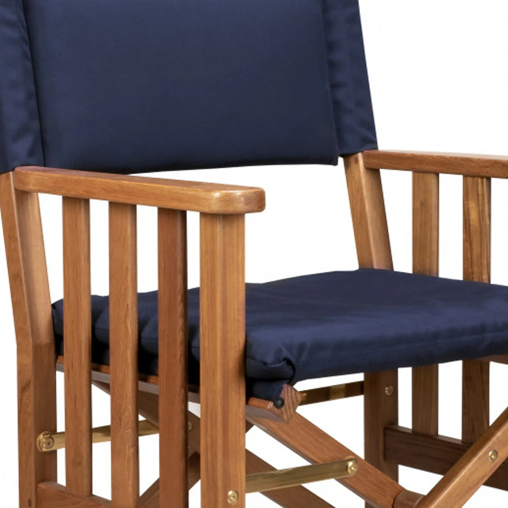 Navy Blue and Natural Wood Solid Wood Indoor Outdoor Director Chair with Navy Blue Cushion By Homeroots - Image 4
