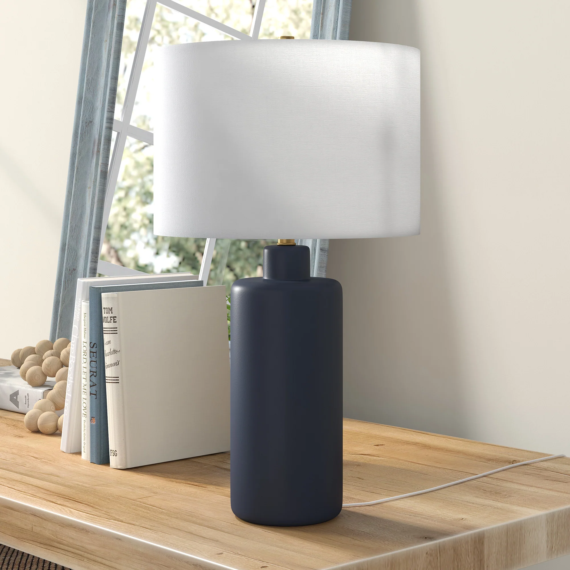 Navy Blue Ceramic Cylinder Table Lamp With White Drum Shade By Homeroots - Image 3