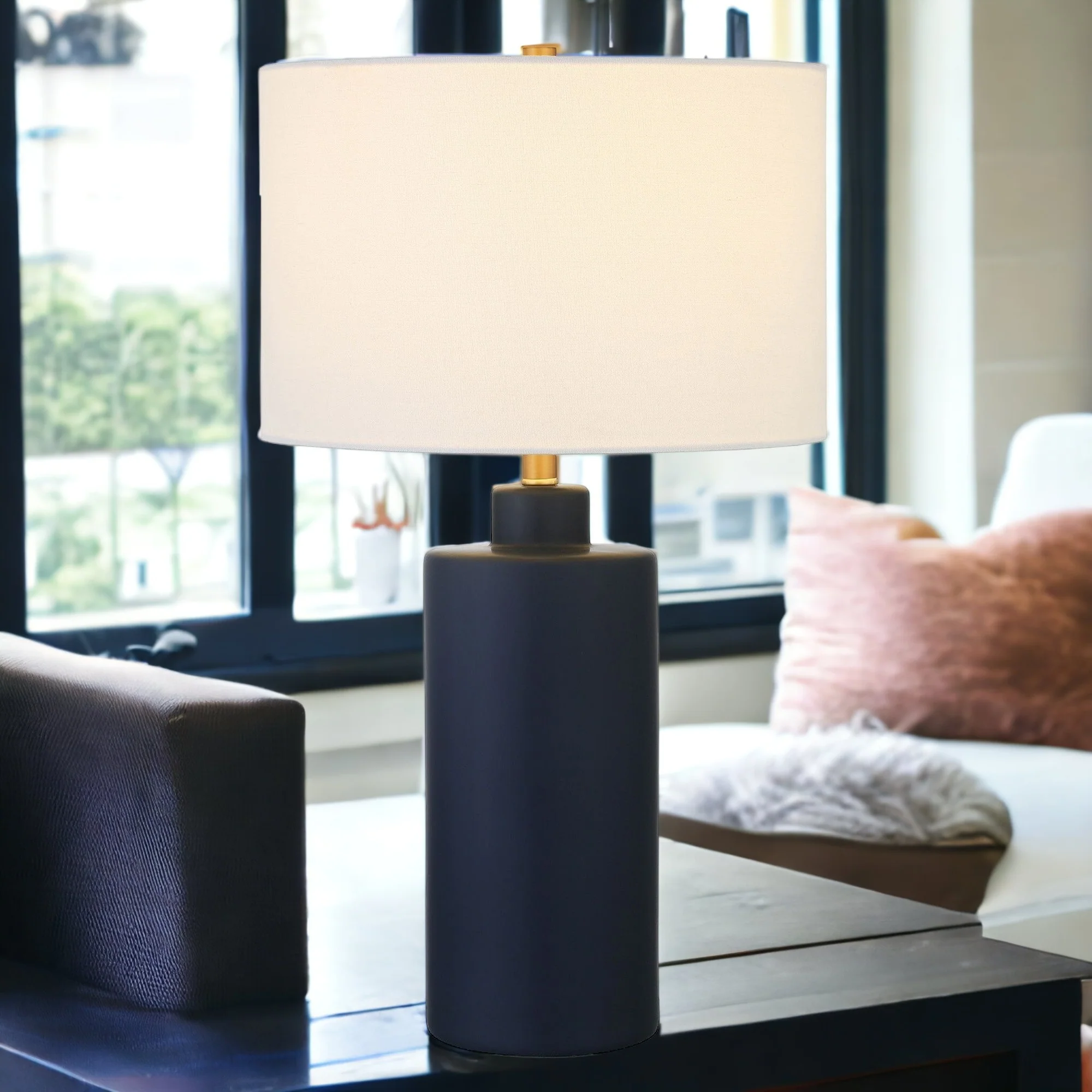 Navy Blue Ceramic Cylinder Table Lamp With White Drum Shade By Homeroots - Image 7