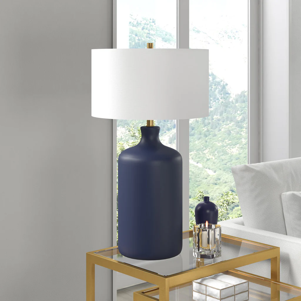 Navy Blue Ceramic Table Lamp With White Drum Shade By Homeroots - Image 4