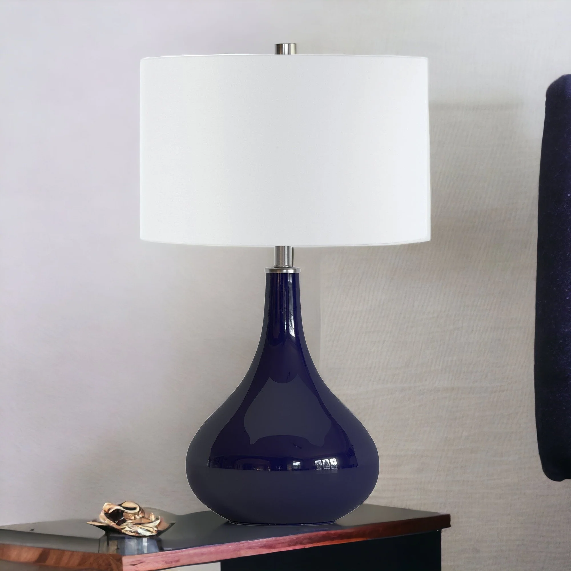 Navy Blue Glass Gourd Table Lamp With White Drum Shade By Homeroots - Image 3