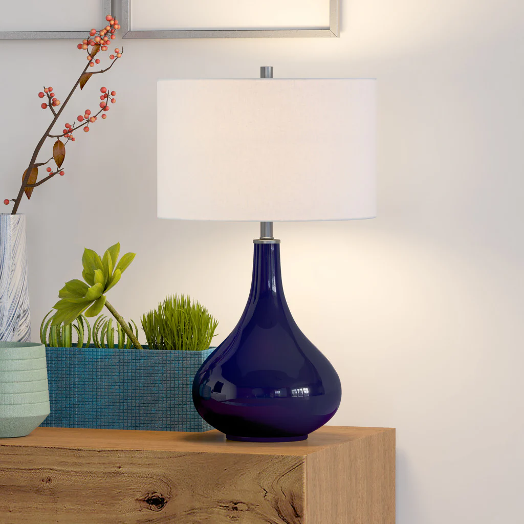 Navy Blue Glass Gourd Table Lamp With White Drum Shade By Homeroots - Image 5