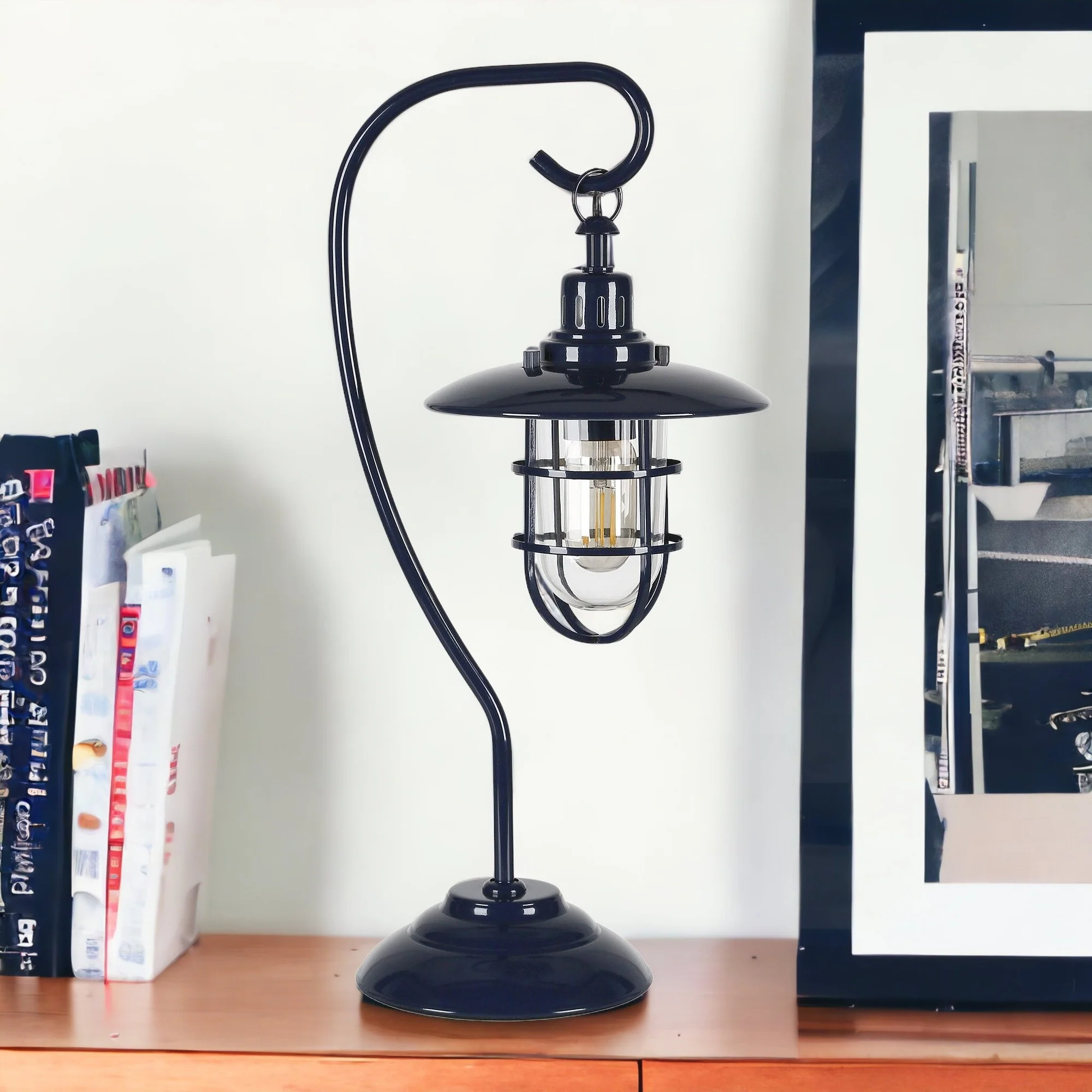 Navy Blue Metal Arched Table Lamp With Navy Blue Cage Shade By Homeroots - Image 2