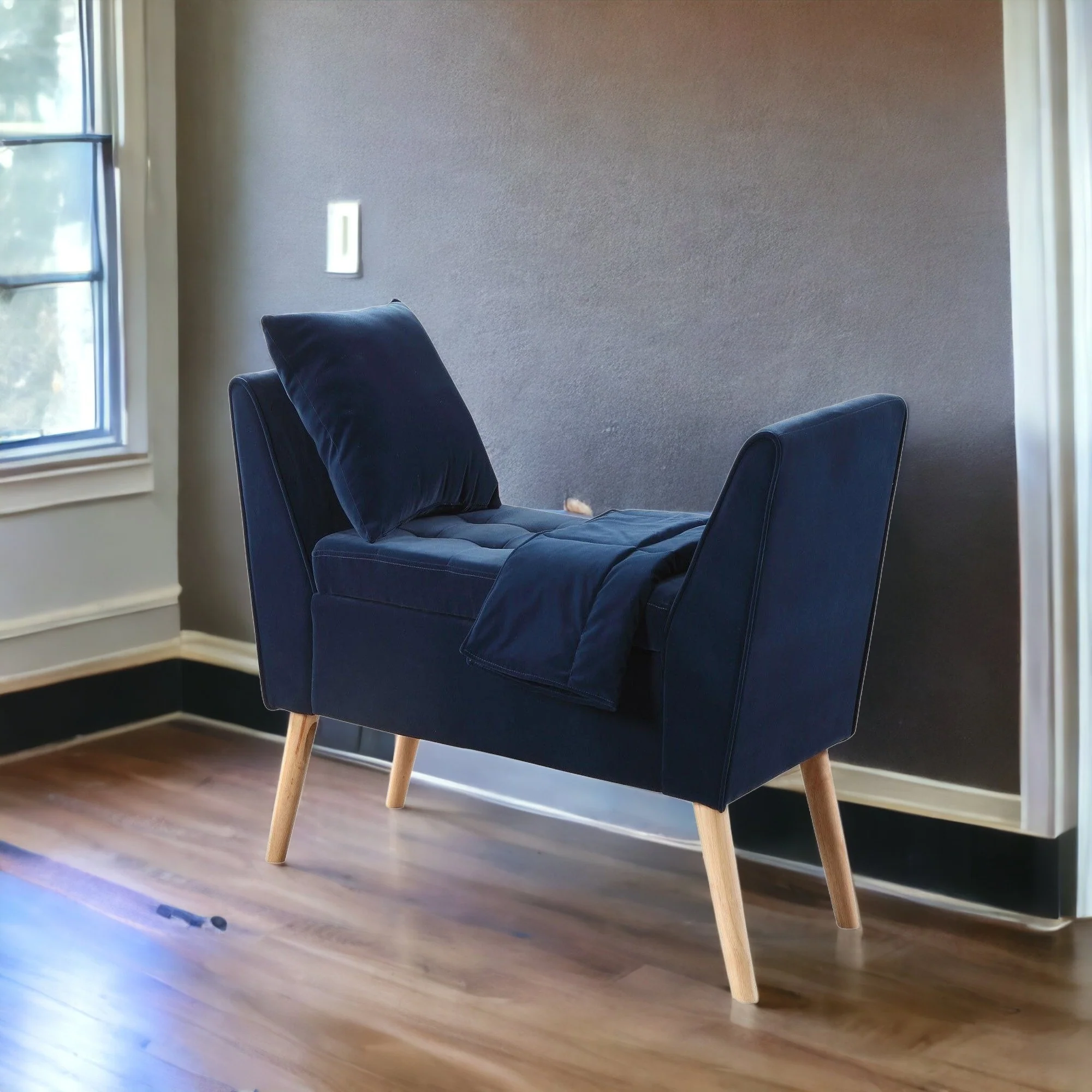 Navy Blue Modern Flair Storage Bench with Pillow and Blanket By Homeroots - Image 4