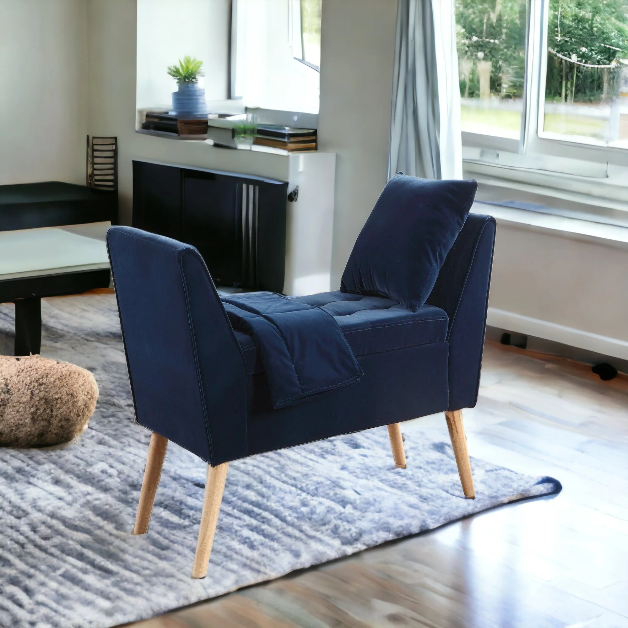 Navy Blue Modern Flair Storage Bench with Pillow and Blanket By Homeroots - Image 5