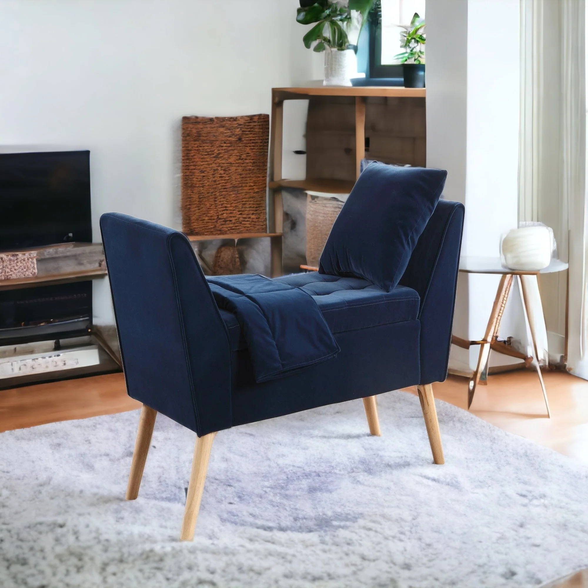 Navy Blue Modern Flair Storage Bench with Pillow and Blanket By Homeroots - Image 6