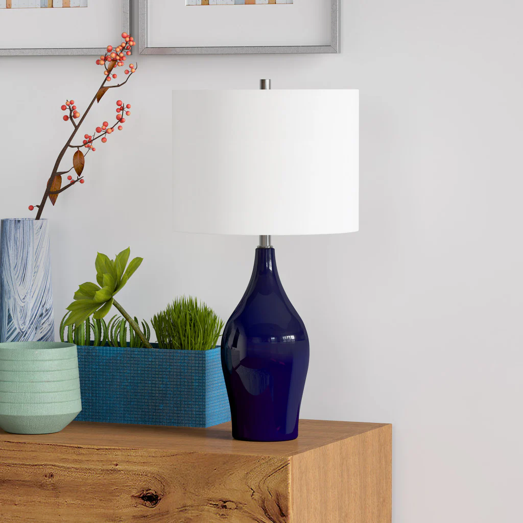 Navy Blue Porcelain Table Lamp With White Drum Shade By Homeroots - Image 2