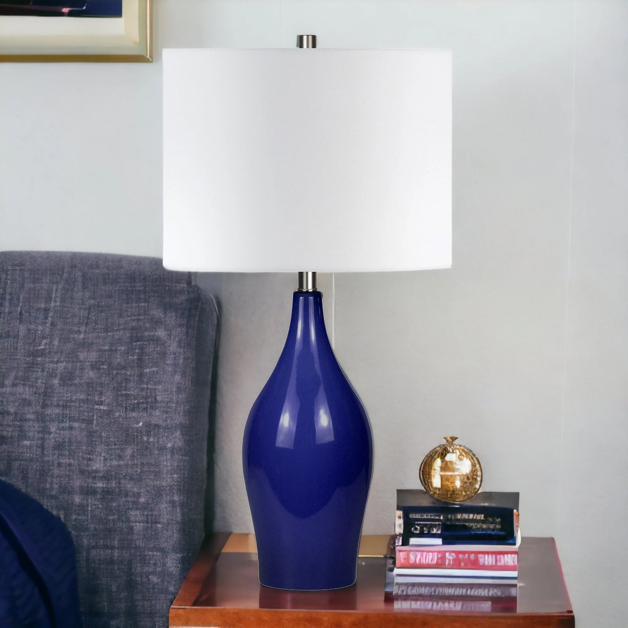 Navy Blue Porcelain Table Lamp With White Drum Shade By Homeroots - Image 8