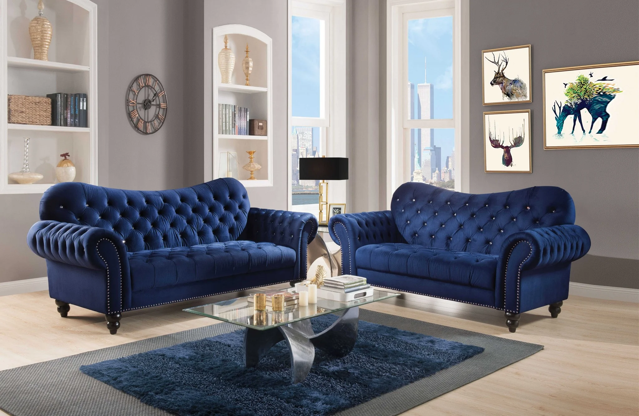 Navy Velvet Loveseat By Homeroots - Image 2