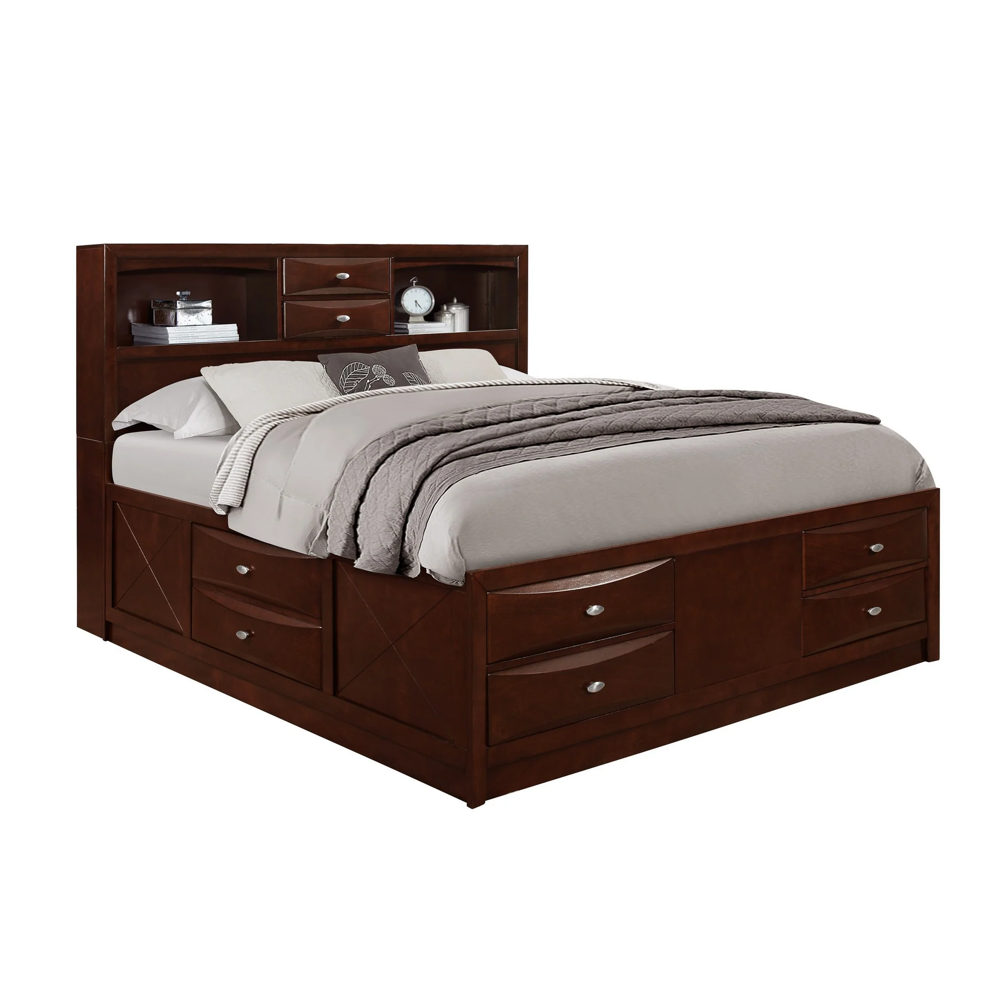 New Merlot Veneer King Bed With Bookcase Headboard 10 Drawers By Homeroots - Image 3