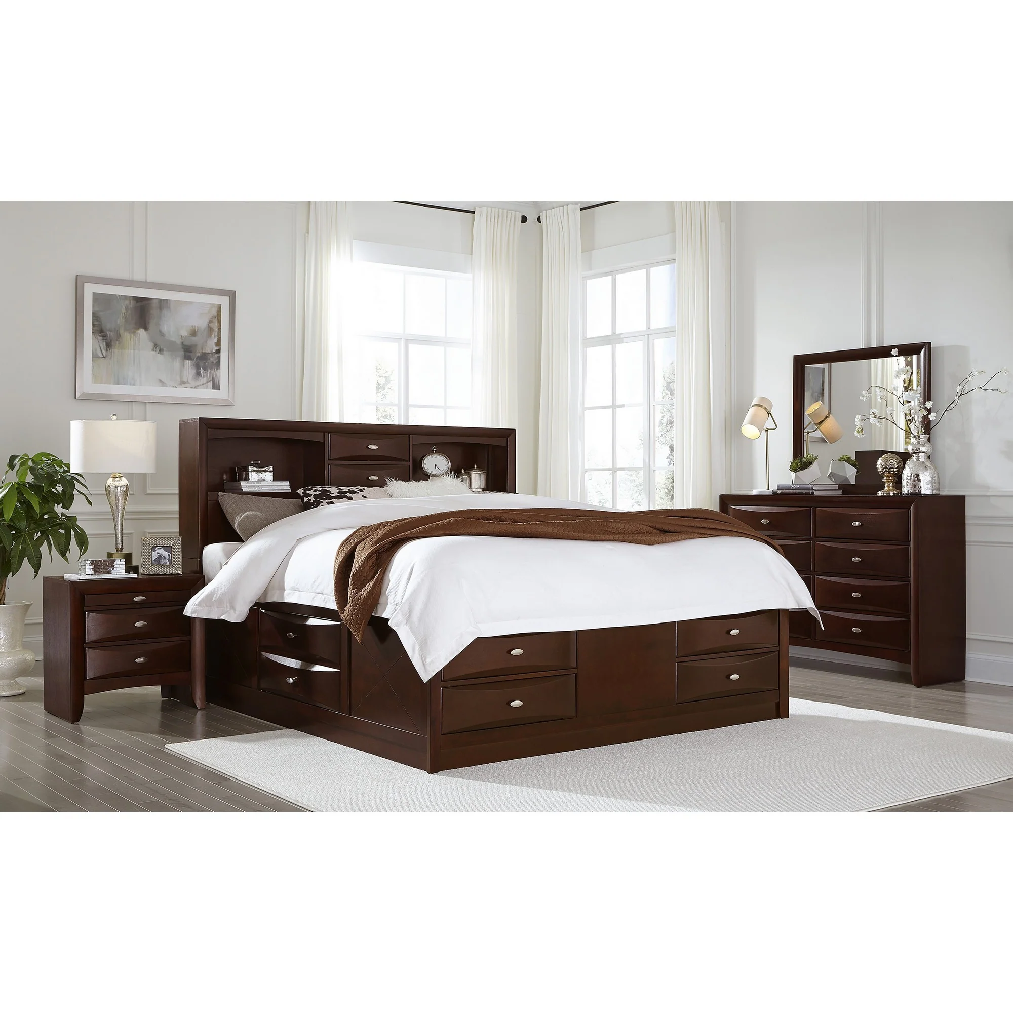 New Merlot Veneer Queen Bed With Bookcase Headboard 10 Drawers By Homeroots - Image 3