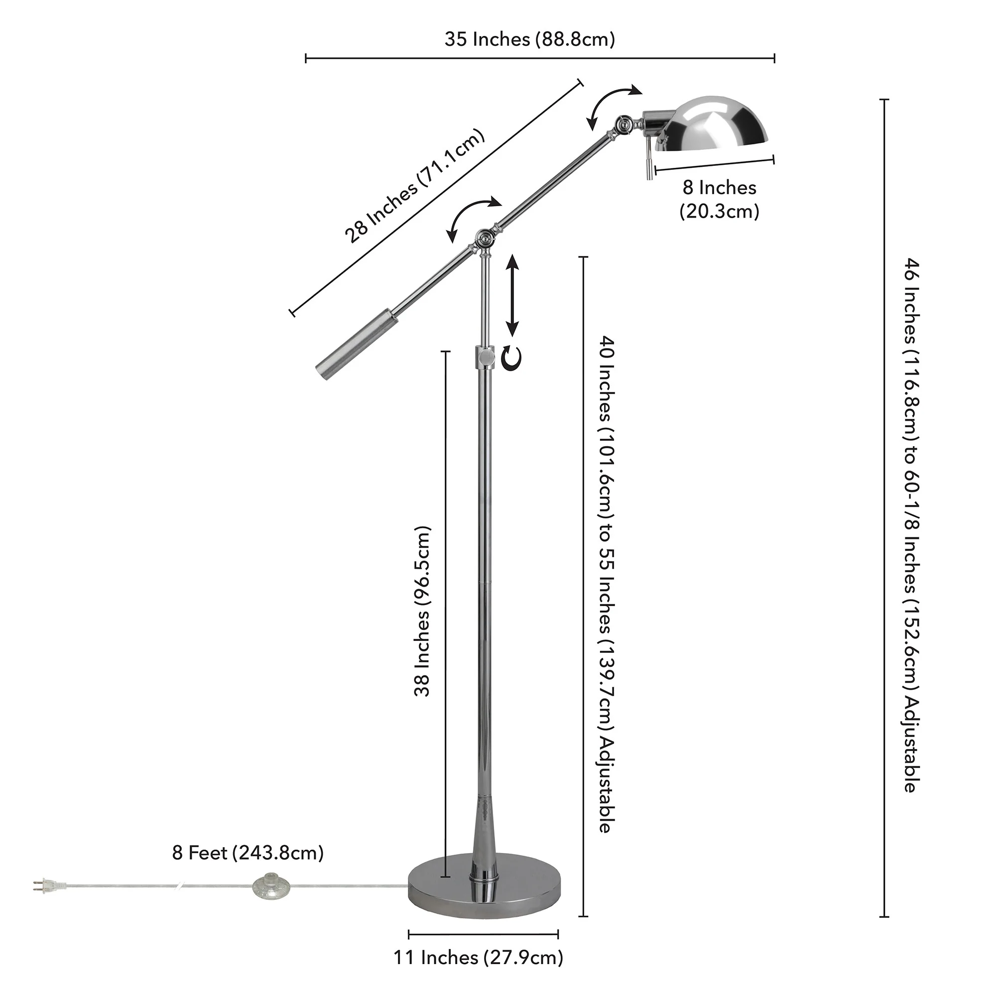 Nickel Adjustable Swing Arm Floor Lamp With Nickel No Pattern Cone Shade By Homeroots - Image 7