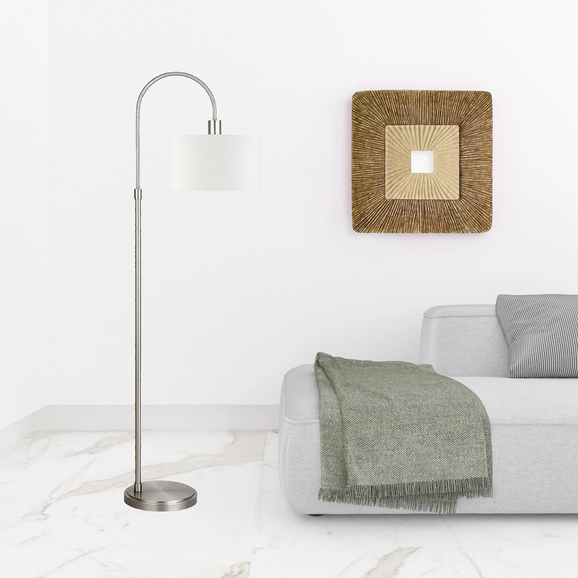 Nickel Arched Floor Lamp With White Frosted Glass Drum Shade By Homeroots - Image 2