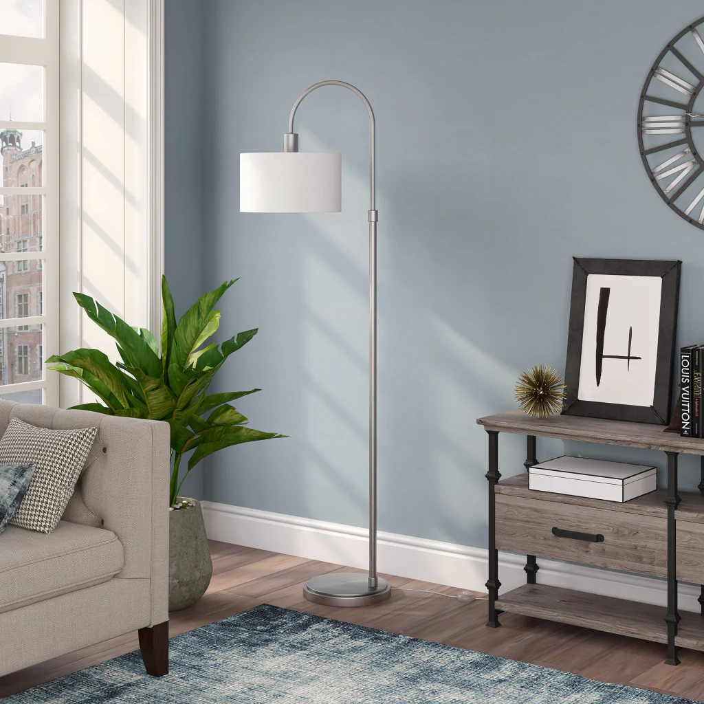 Nickel Arched Floor Lamp With White Frosted Glass Drum Shade By Homeroots - Image 4