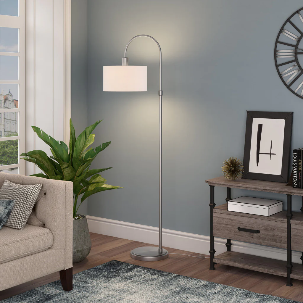 Nickel Arched Floor Lamp With White Frosted Glass Drum Shade By Homeroots - Image 5