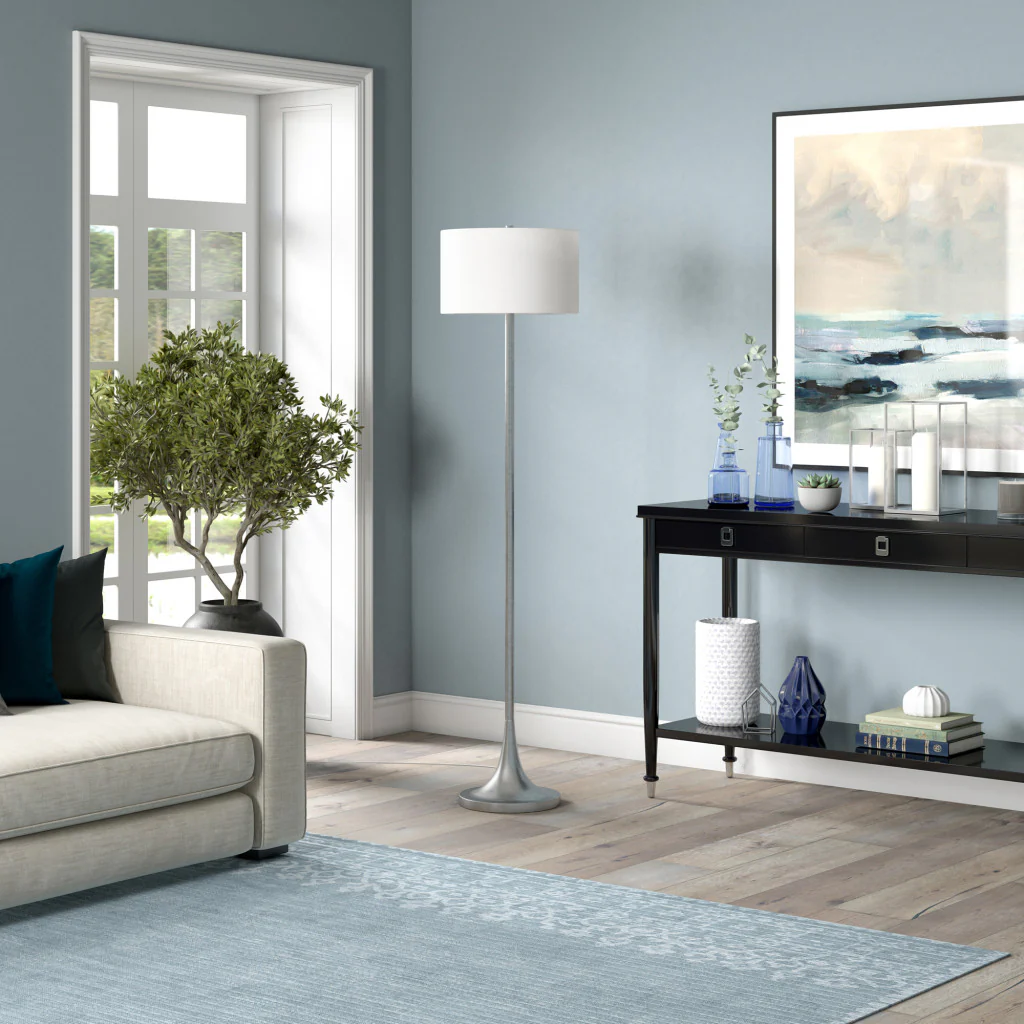 Nickel Floor Lamp With White Fabric Drum Shade By Homeroots - Image 4