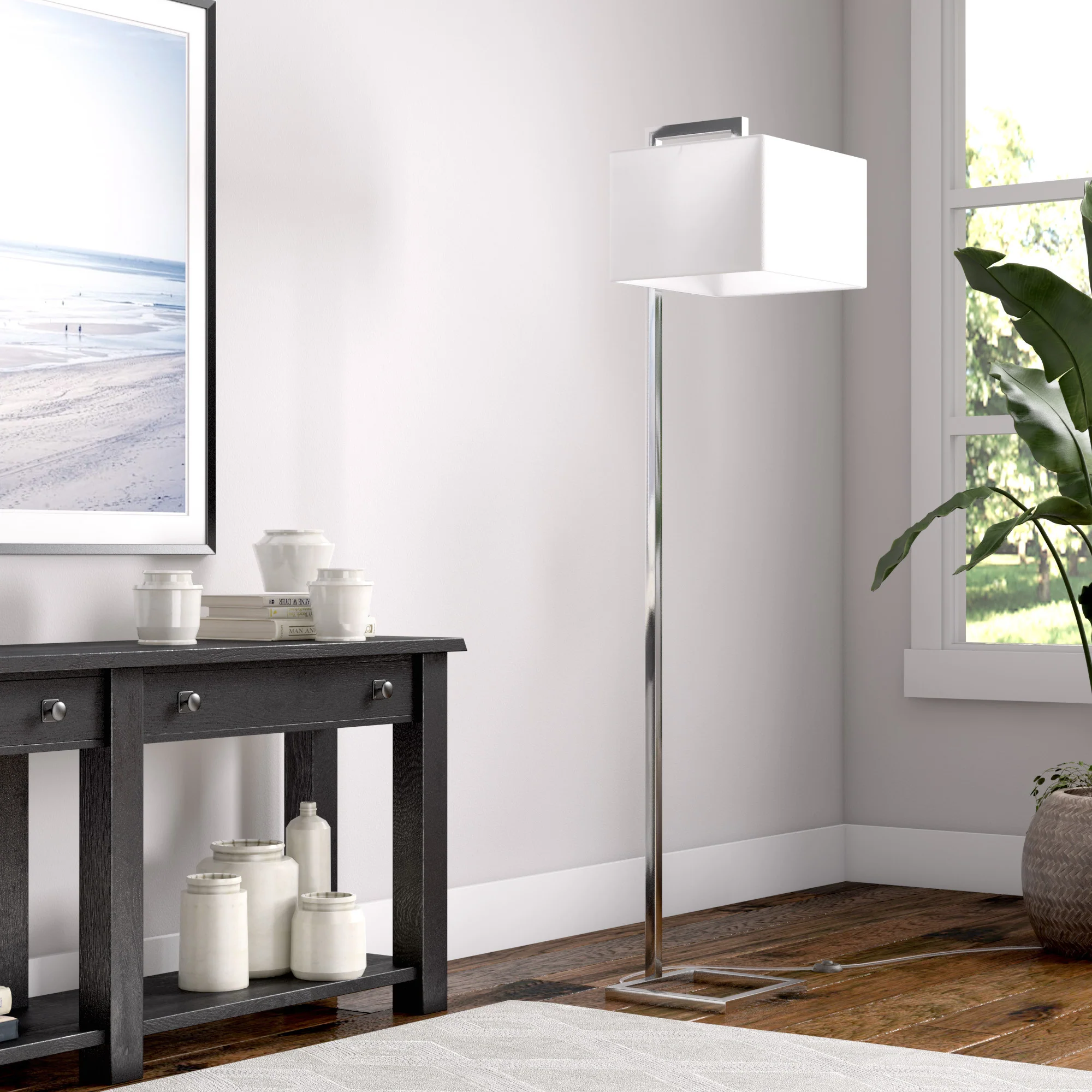 Nickel Floor Lamp With White Frosted Glass Rectangular Shade By Homeroots - Image 6
