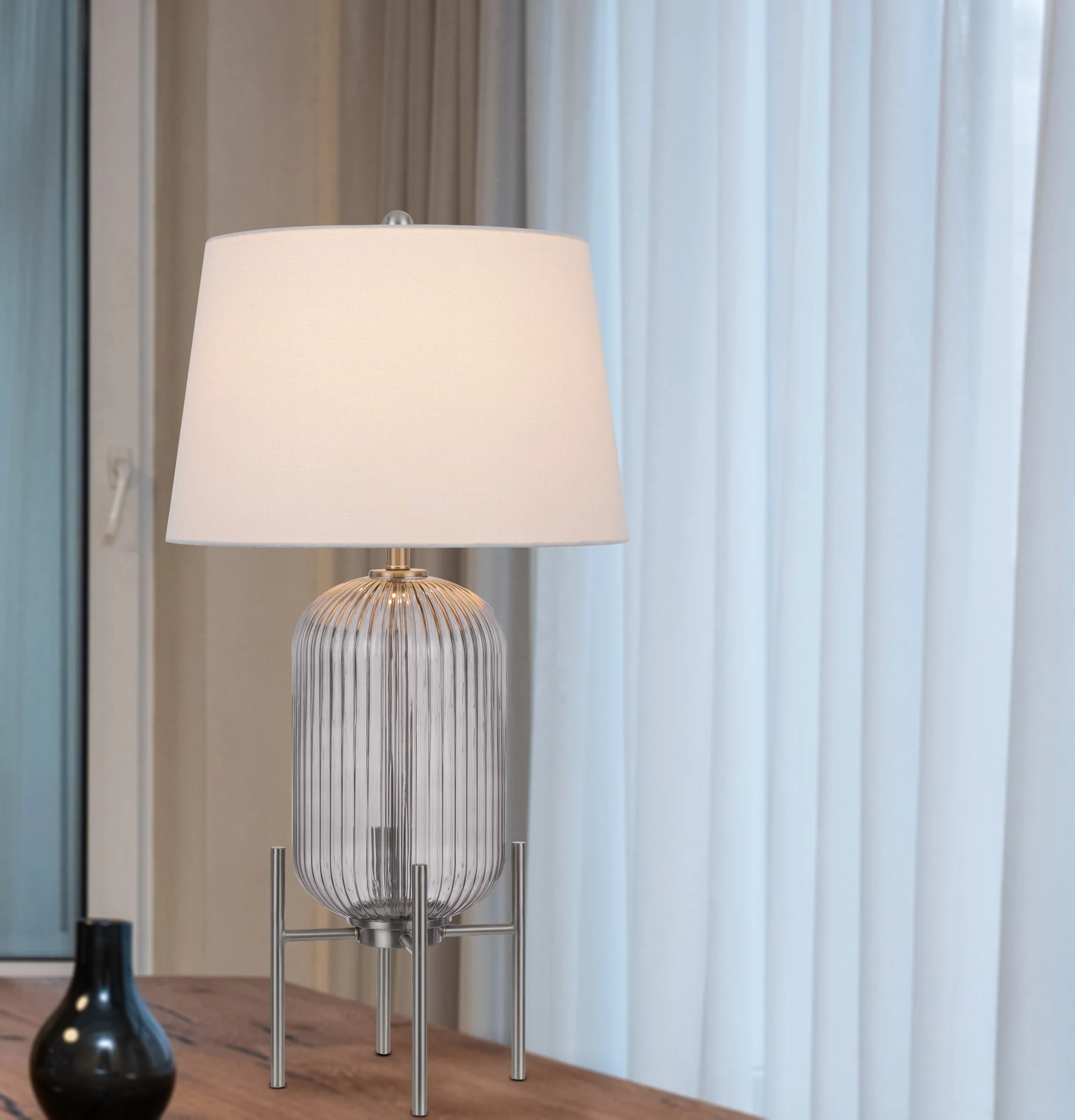 Nickel Glass Round Table Lamp With White Empire Shade By Homeroots - Image 3