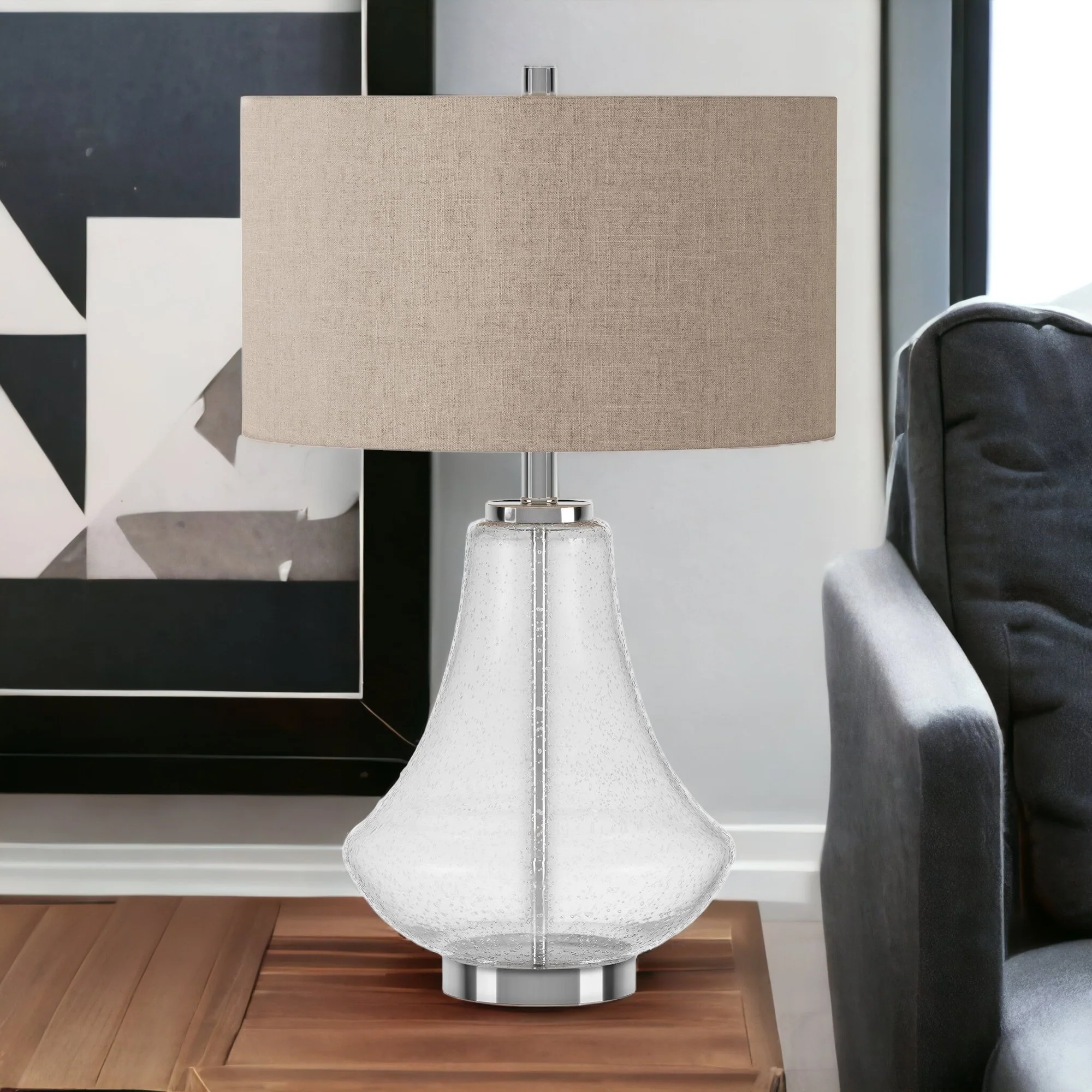 Nickel Glass Table Lamp With Flax Drum Shade By Homeroots - Image 2