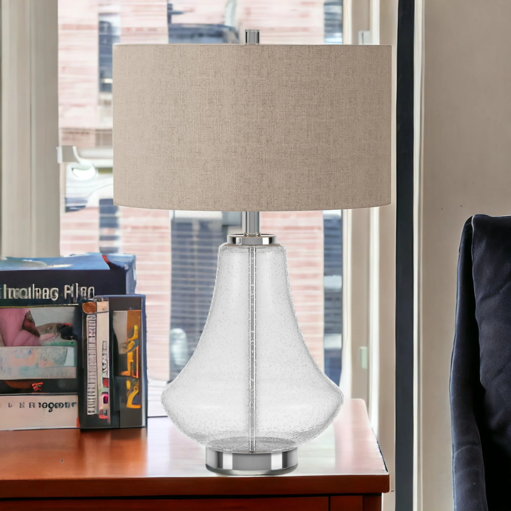 Nickel Glass Table Lamp With Flax Drum Shade By Homeroots - Image 3