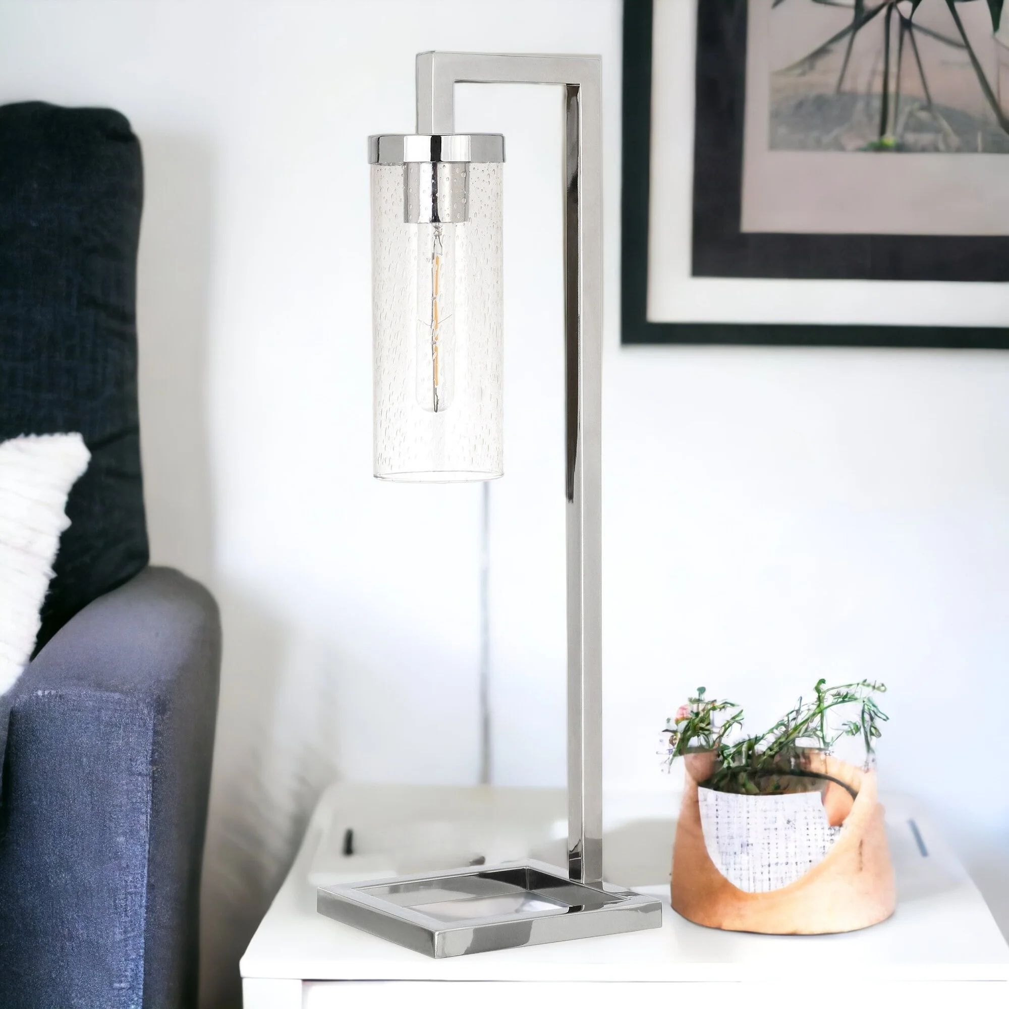 Nickel Metal Arched Table Lamp With Clear Seeded Cylinder Shade By Homeroots - Image 3