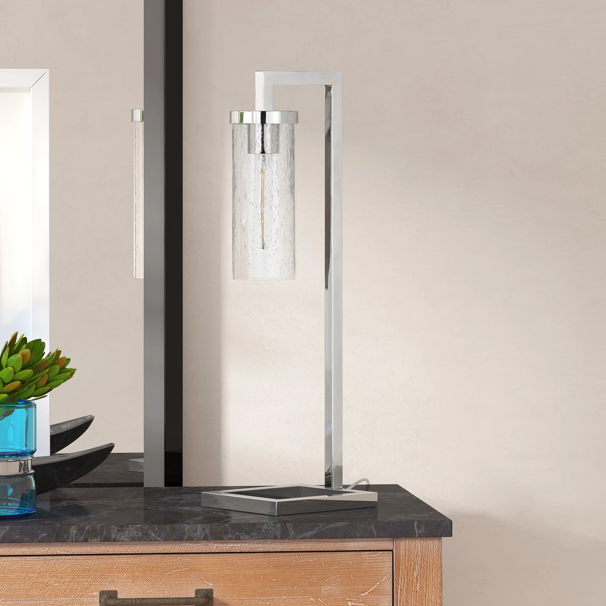 Nickel Metal Arched Table Lamp With Clear Seeded Cylinder Shade By Homeroots - Image 5