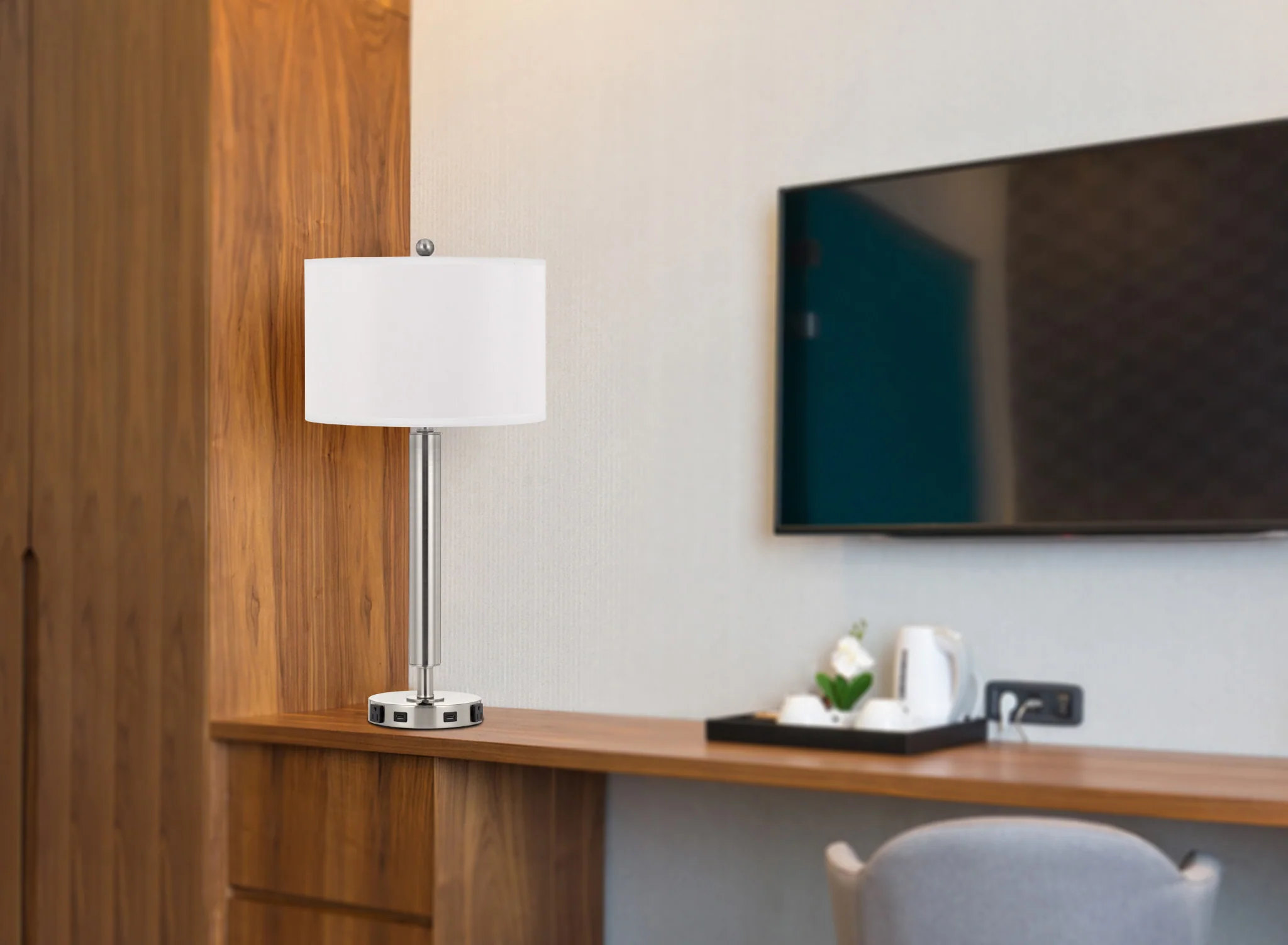 Nickel Metal Cylinder USB Table Lamp With White Drum Shade By Homeroots - Image 2