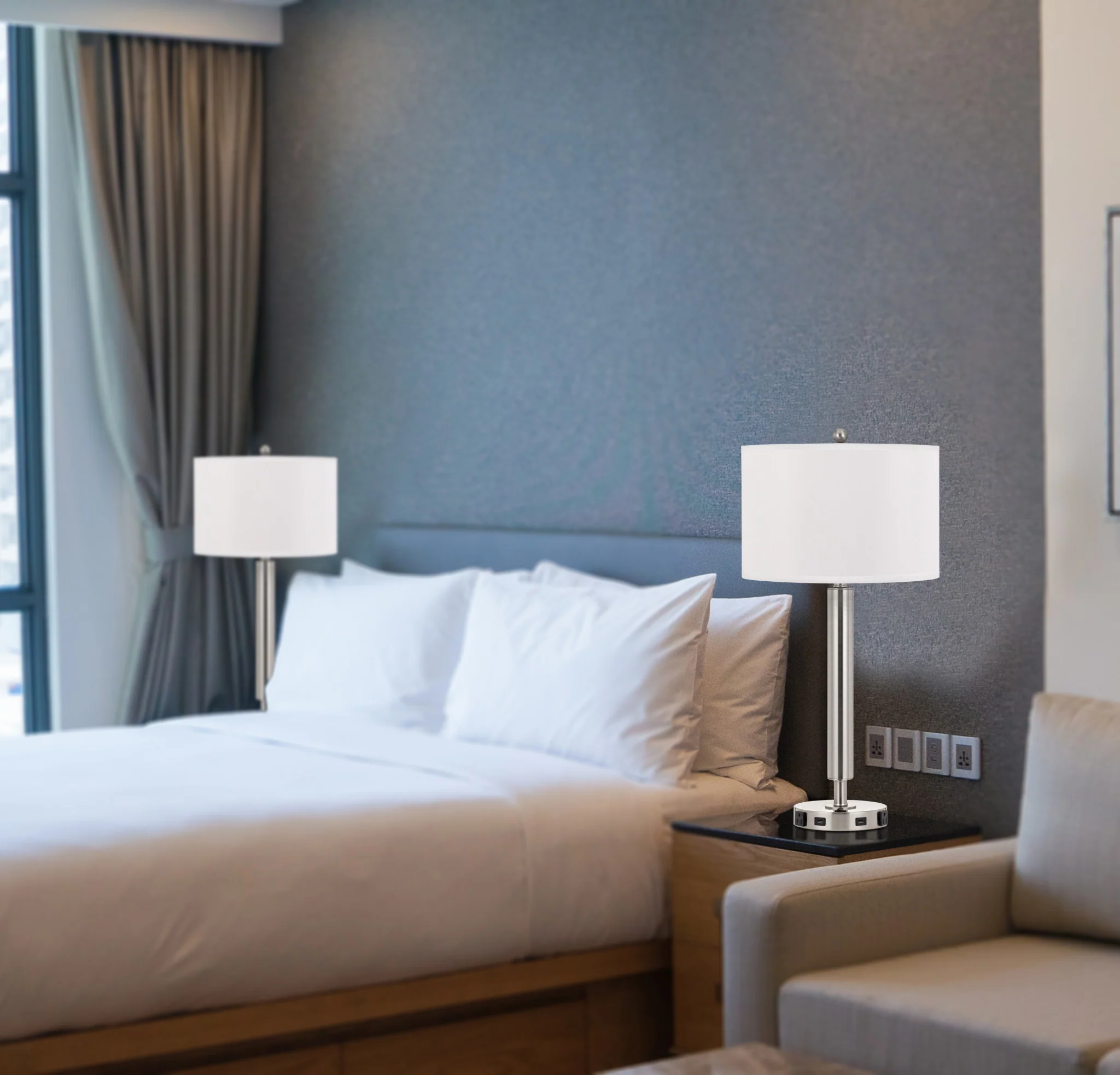 Nickel Metal Cylinder USB Table Lamp With White Drum Shade By Homeroots - Image 5