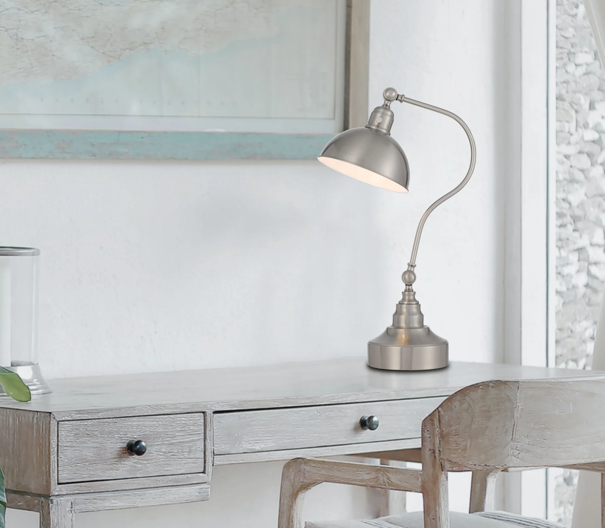 Nickel Metal Lantern Desk Table Lamp With Nickel Dome Shade By Homeroots - Image 2