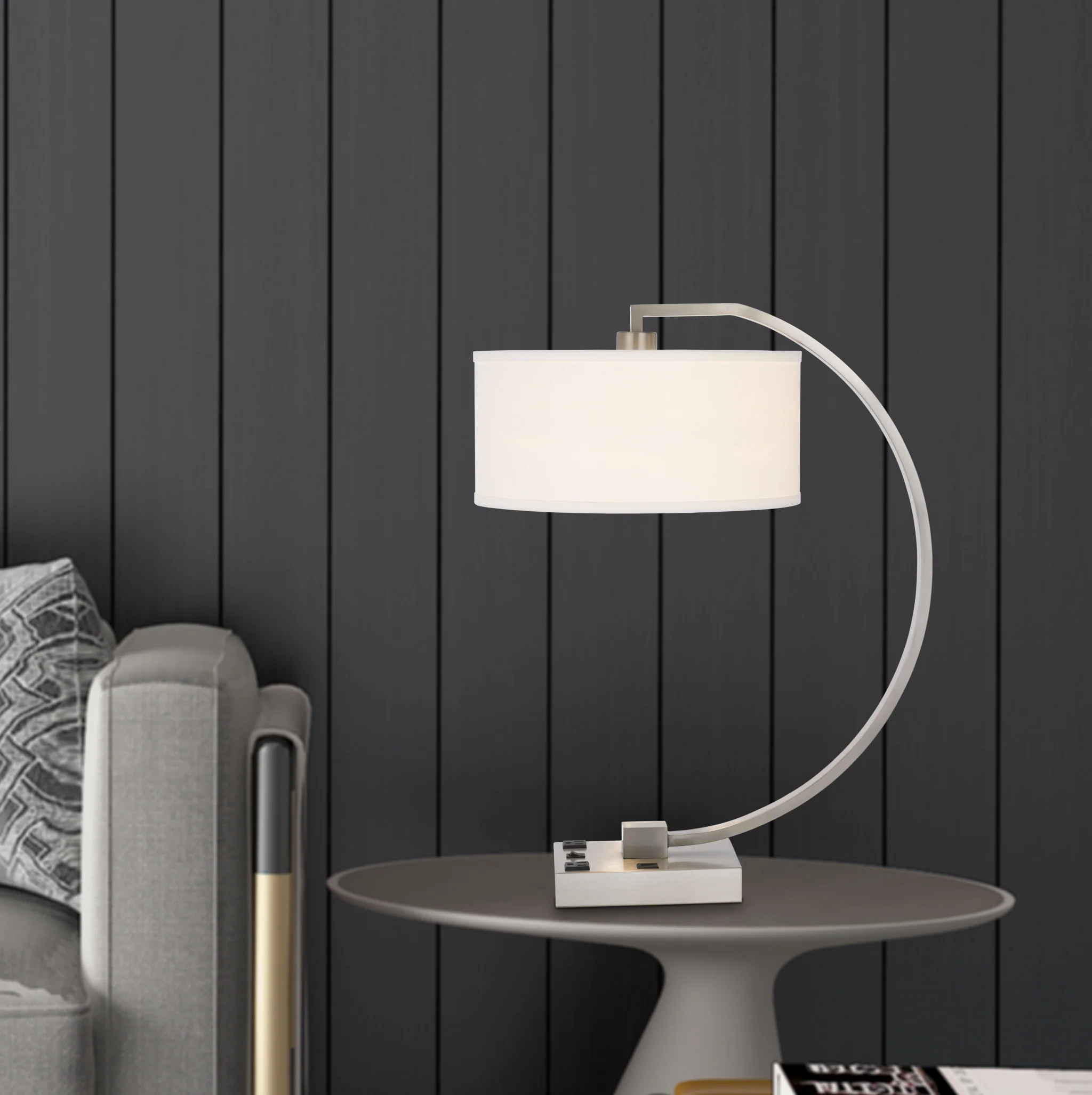 Nickel Metal Lantern Desk USB Table Lamp With White Shade By Homeroots - Image 3