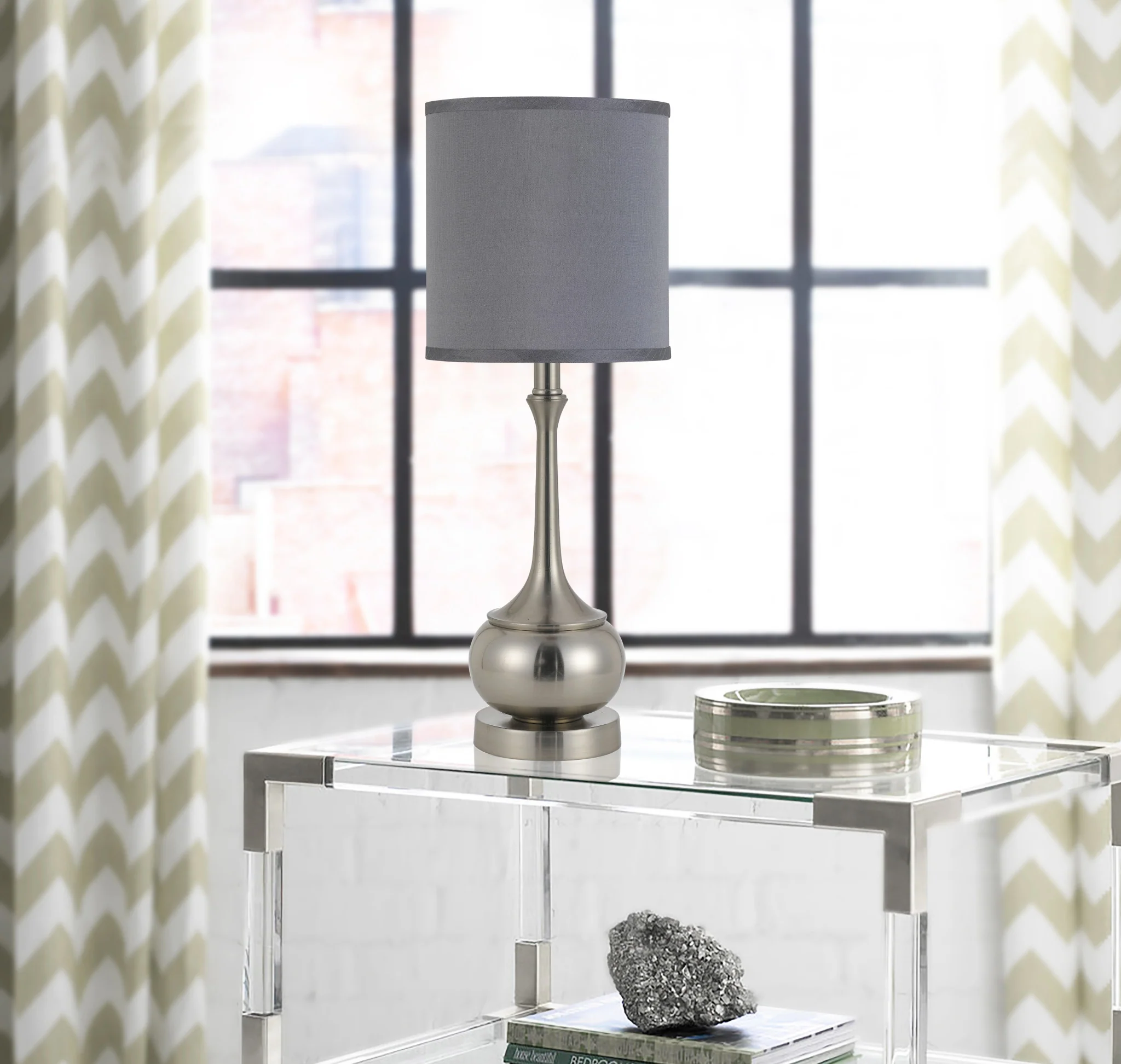 Nickel Metal Round Table Lamp With Gray Cone Shade By Homeroots - Image 2
