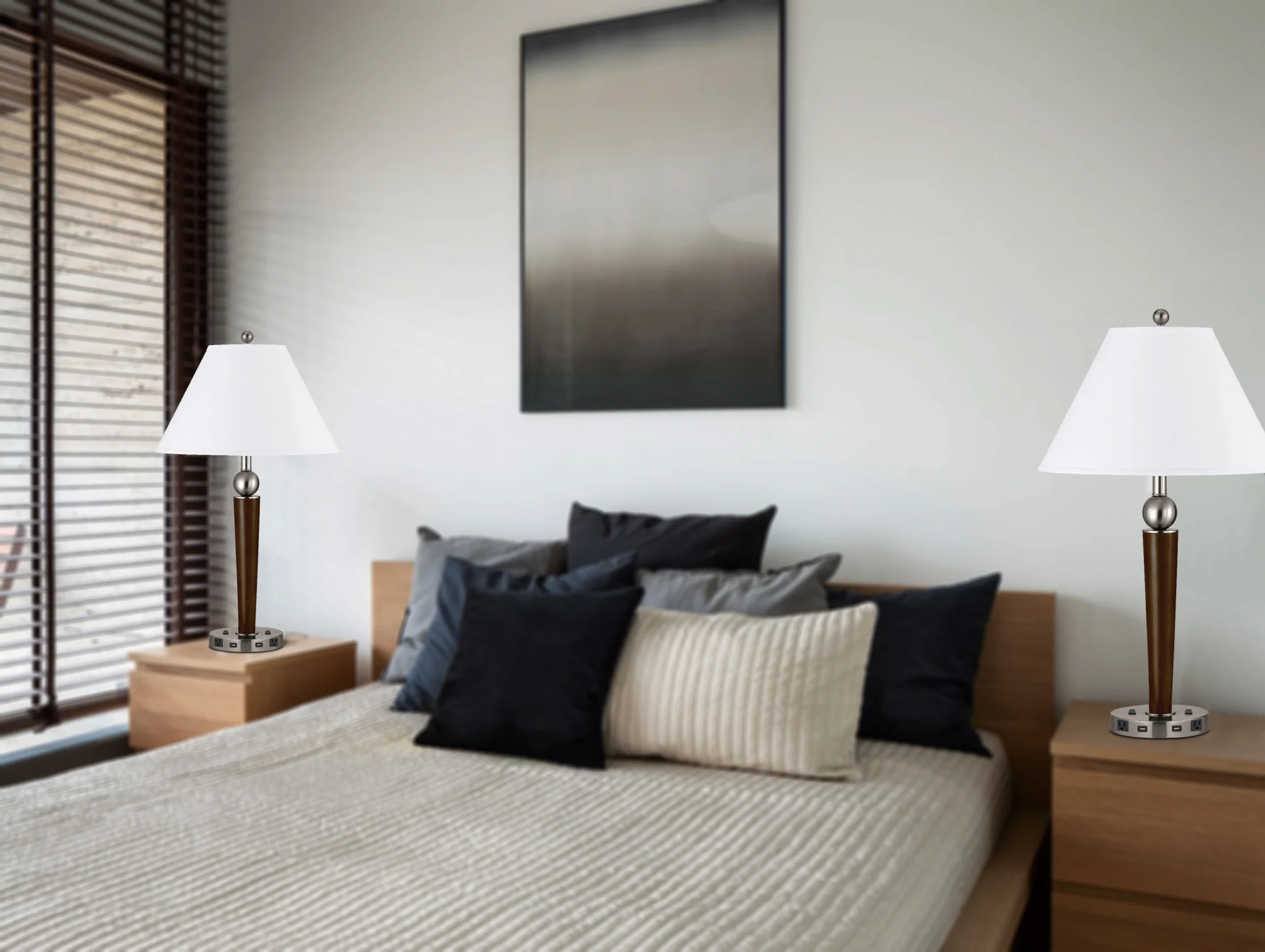 Nickel Metal Two Light Geometric USB Table Lamp With White Empire Shade By Homeroots - Image 2