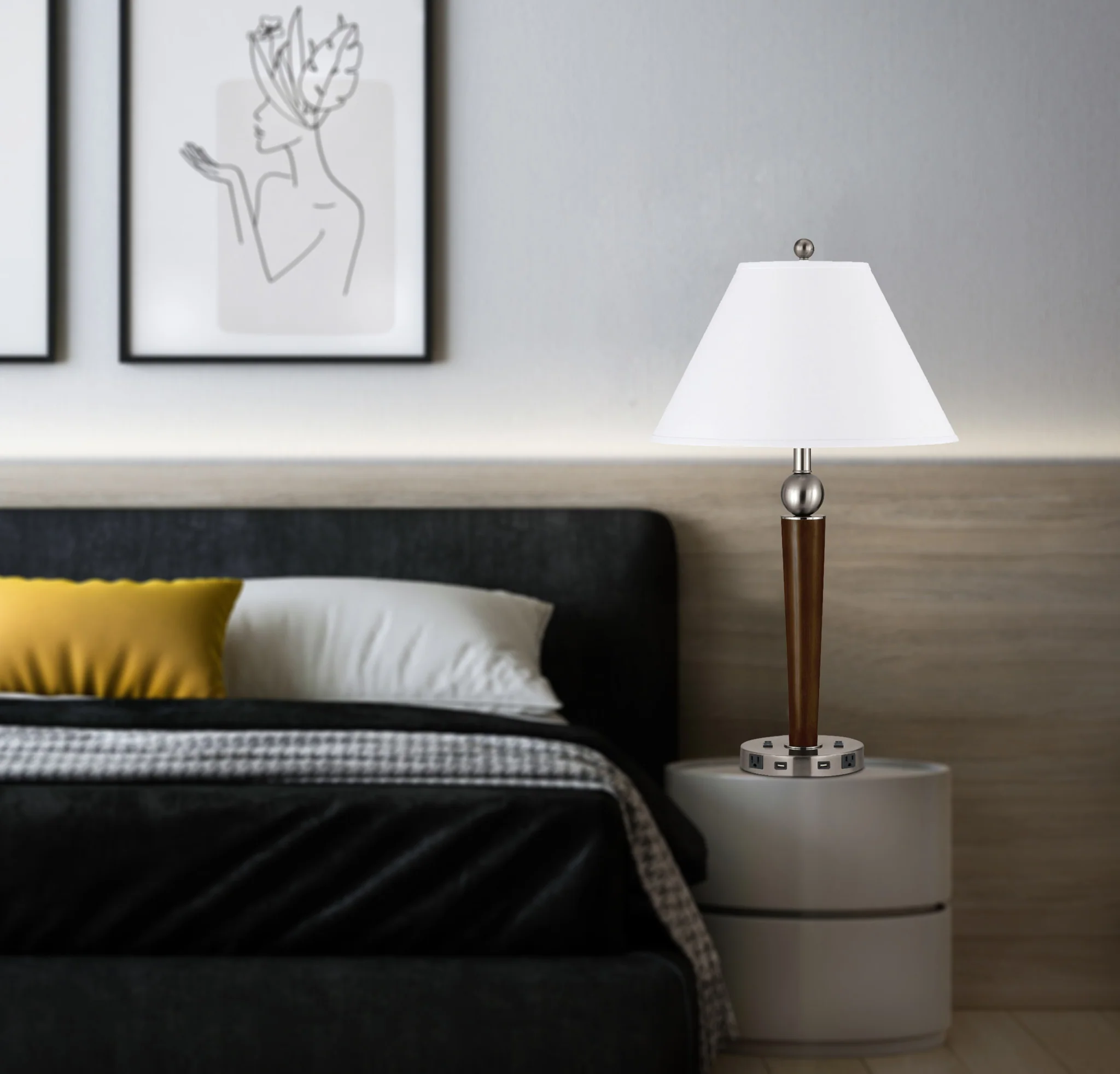 Nickel Metal Two Light Geometric USB Table Lamp With White Empire Shade By Homeroots - Image 5