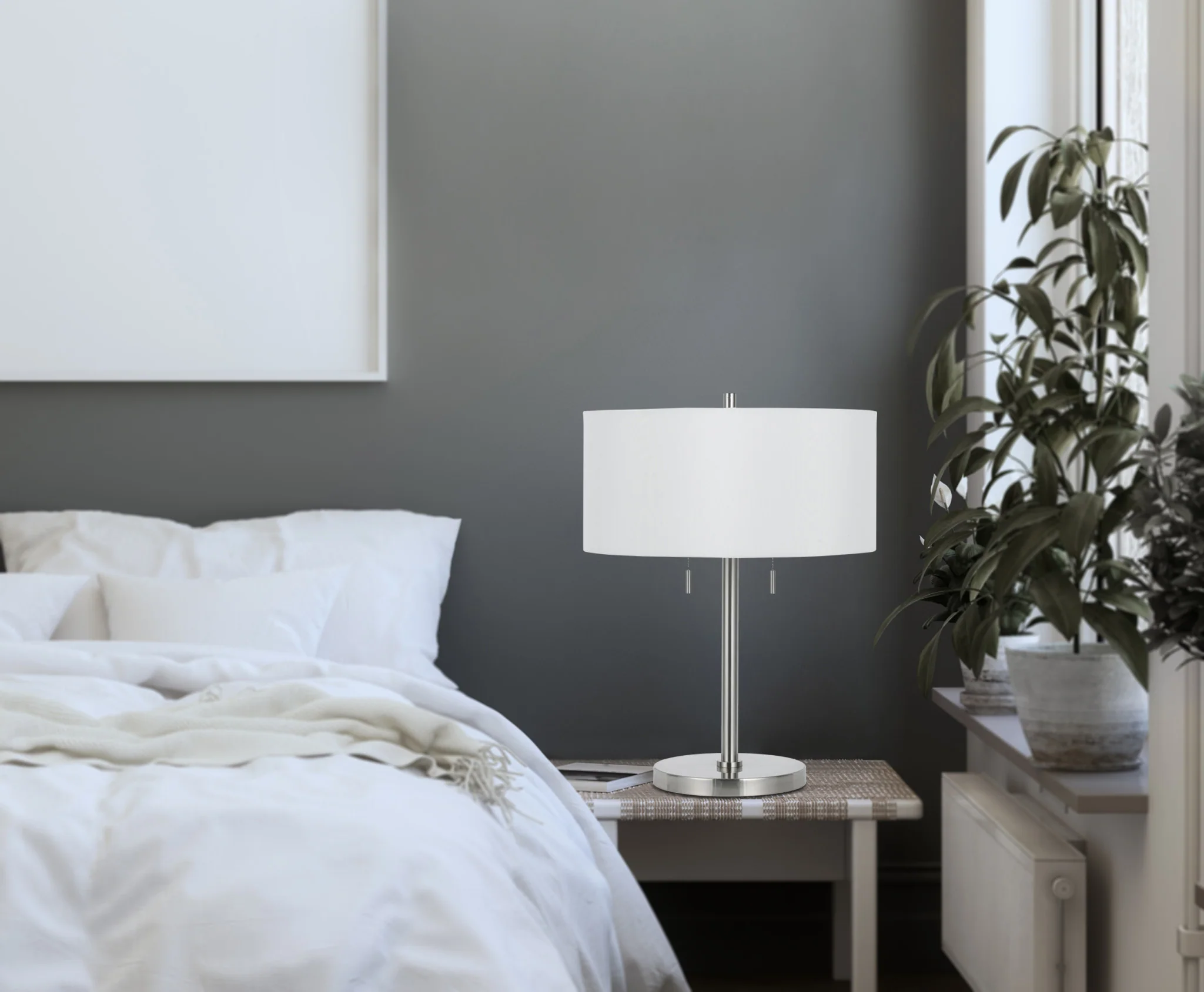 Nickel Metal Two Light Table Lamp With White Empire Shade By Homeroots - Image 2