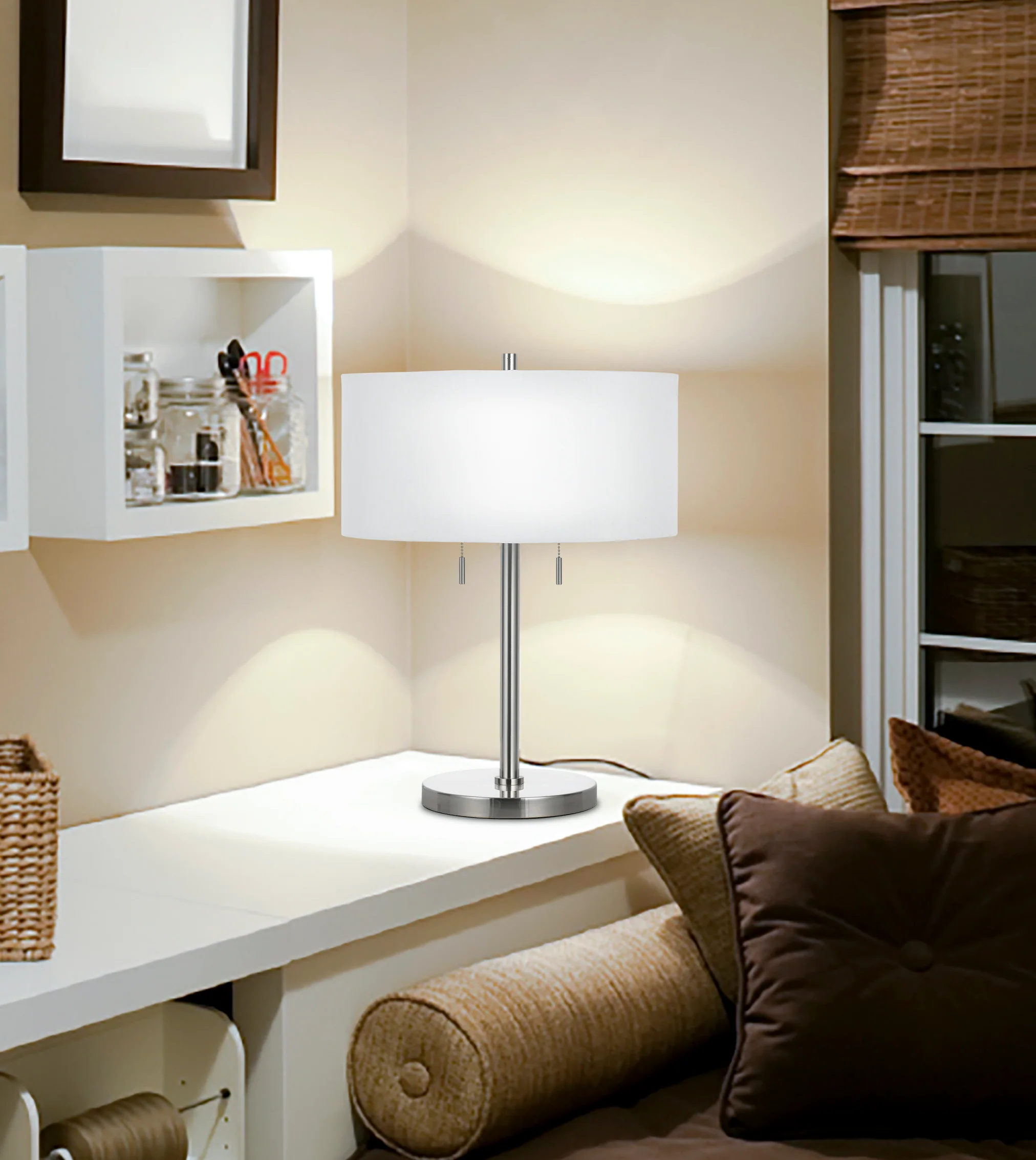 Nickel Metal Two Light Table Lamp With White Empire Shade By Homeroots - Image 5