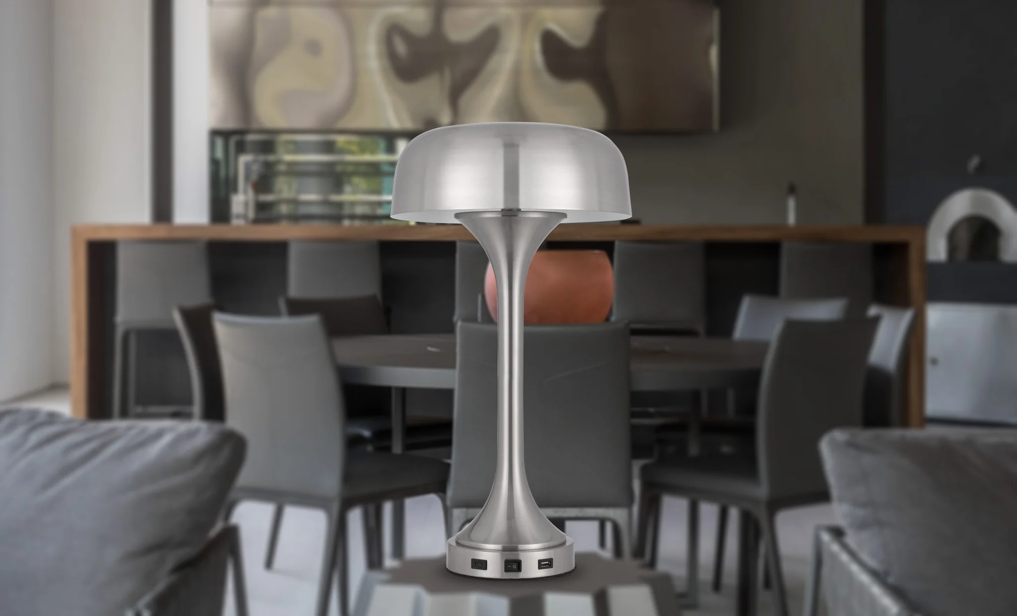 Nickel Metal Two Light Usb Table Lamp With Nickel Dome Shade By Homeroots - Image 2